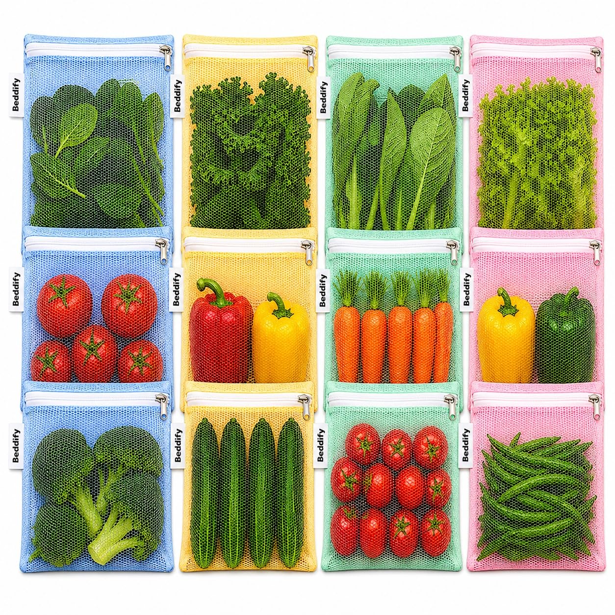 Beddify Set of 12 Reusable Fridge Storage Bags for Vegetables and Fruits with Zipper Dual Layer Mesh Net Multipurpose Multi-Size Kitchen Storage Bags Organizer (Multi-Color)