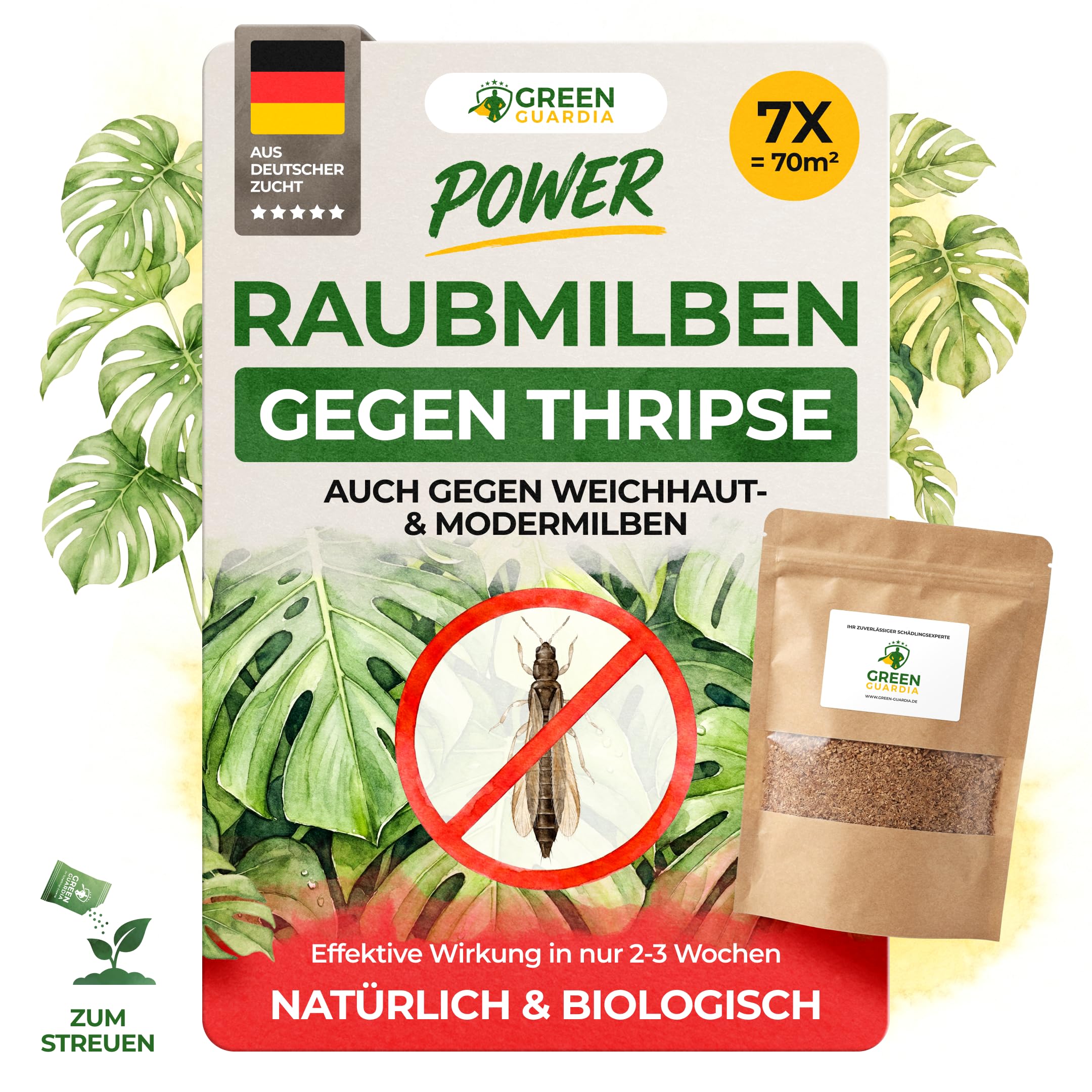 GREEN GUARDIA Power depredadores contra trips – esparcidor con 7 bolsas para 70 m² – agente biológico para combatir eficazmente los trips para plantas de interior y ornamentales UVM. – Sin productos