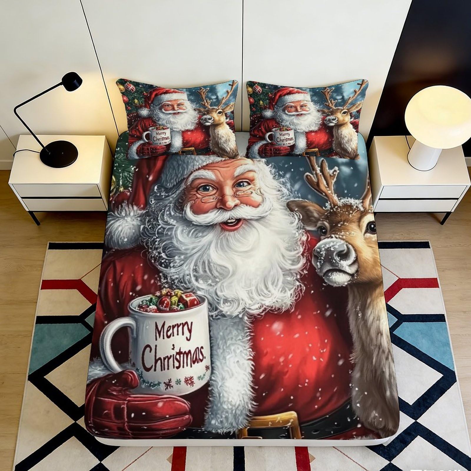 3D Printed Santa Claus Christmas Reindeer Fitted Sheet Microfiber Non Slip Bed Cover for Bedroom Guest Room Decor 140x200x25cm