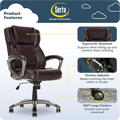 Miniatura 66 de Serta Silla de computadora ergonómica ajustable para oficina ejecutiva con almohadas corporales en capas, borde de asiento de cascada, cuero Blanco