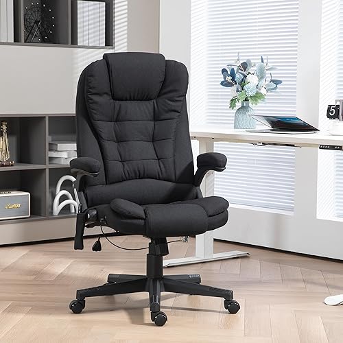 Miniatura 2 de HOMCOM Silla de oficina de masaje vibratorio de 6 puntos con calor, silla de oficina ejecutiva de lino con respaldo alto y respaldo reclinable,