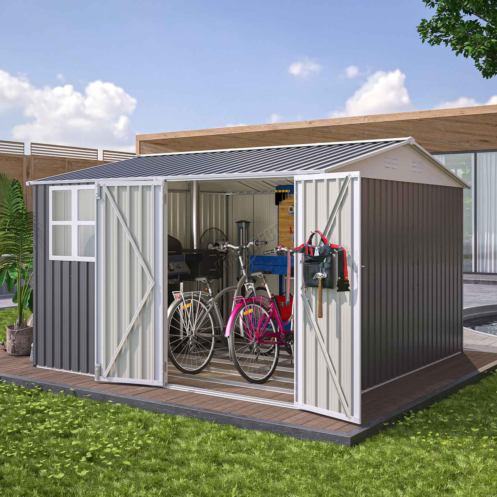 BIRCHTREE Garden Shed Steel Apex Roof House Outdoor Backyard Storage With Lockable Double Doors Window Free Foundation Tool Equipment Organizer Air Vents 10x10FT Grey — view 7