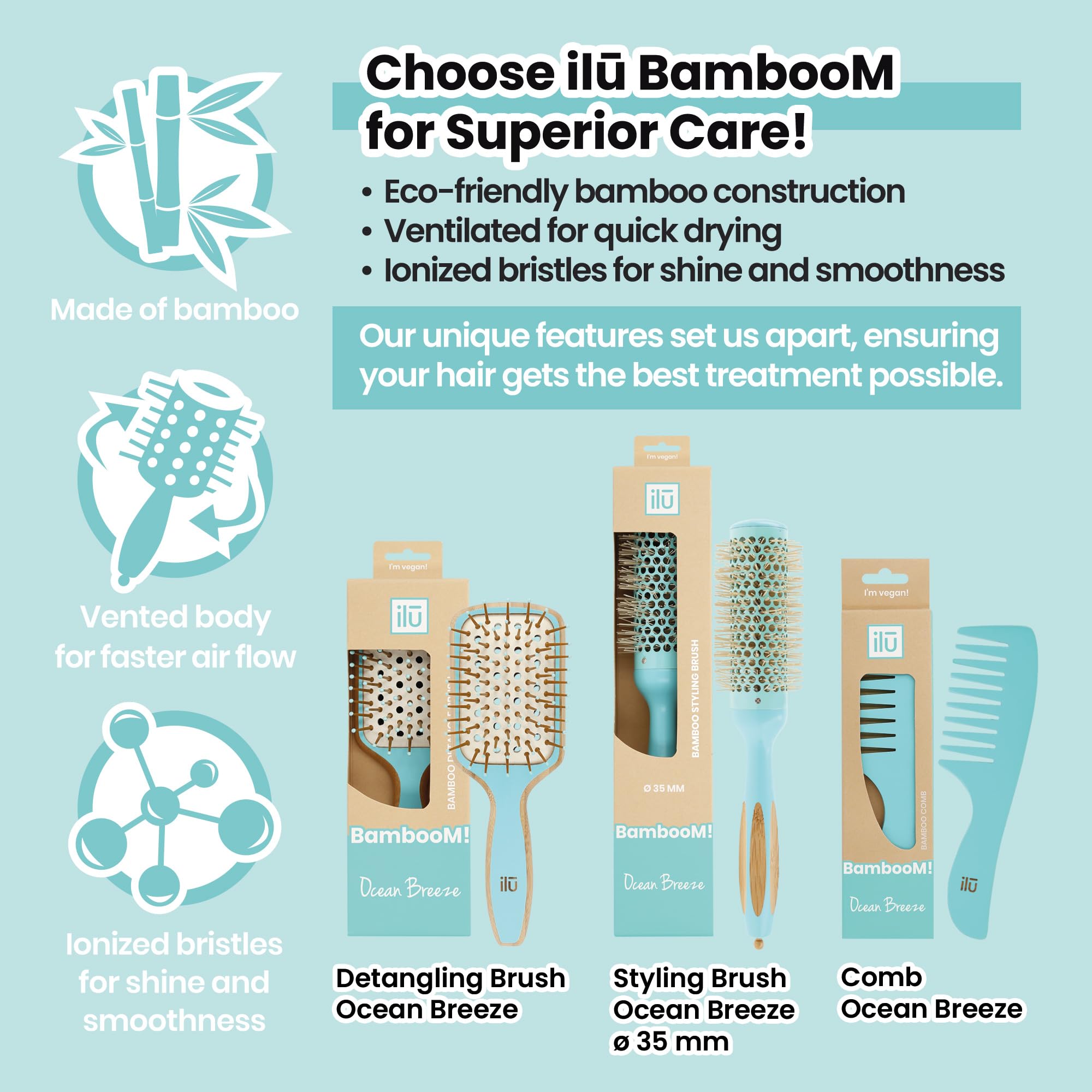 Ilū - Bambus Haarbürste Detangler Bürste Ocean Breeze Haarschonend Antistatisch Für Haarmassage Styling Umweltfreundlicher Haarkamm Perfekt Für Alle Haartypen