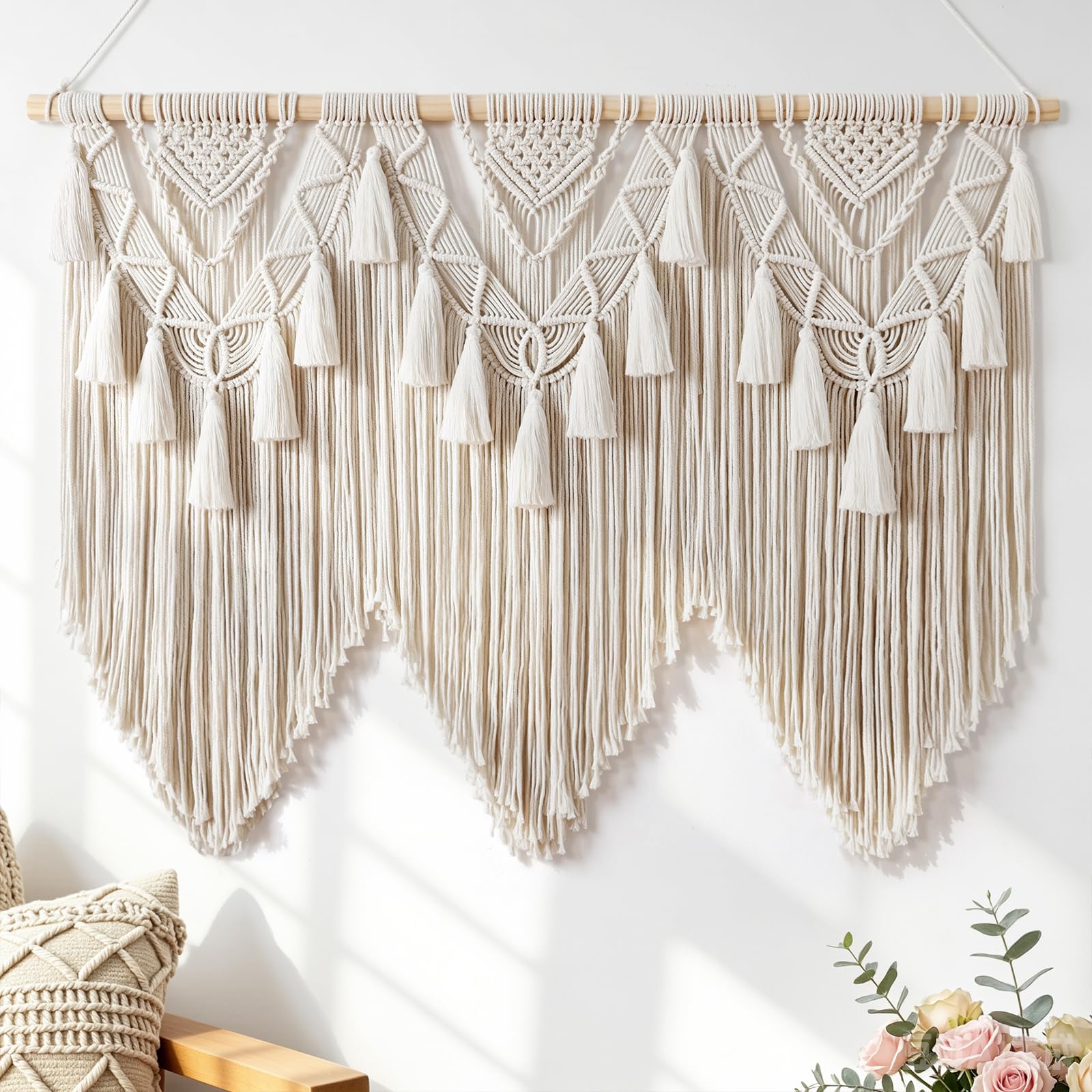 Dremisland Große Makramee Wandbehang Wandteppich Beige Boho Deko Wanddeko | Gewebte Baumwolle Wandteppich Quasten Tapisserie Wandkunst Dekoration Tapestry Wanddekoration für Schlafzimmer Wohnzimmer