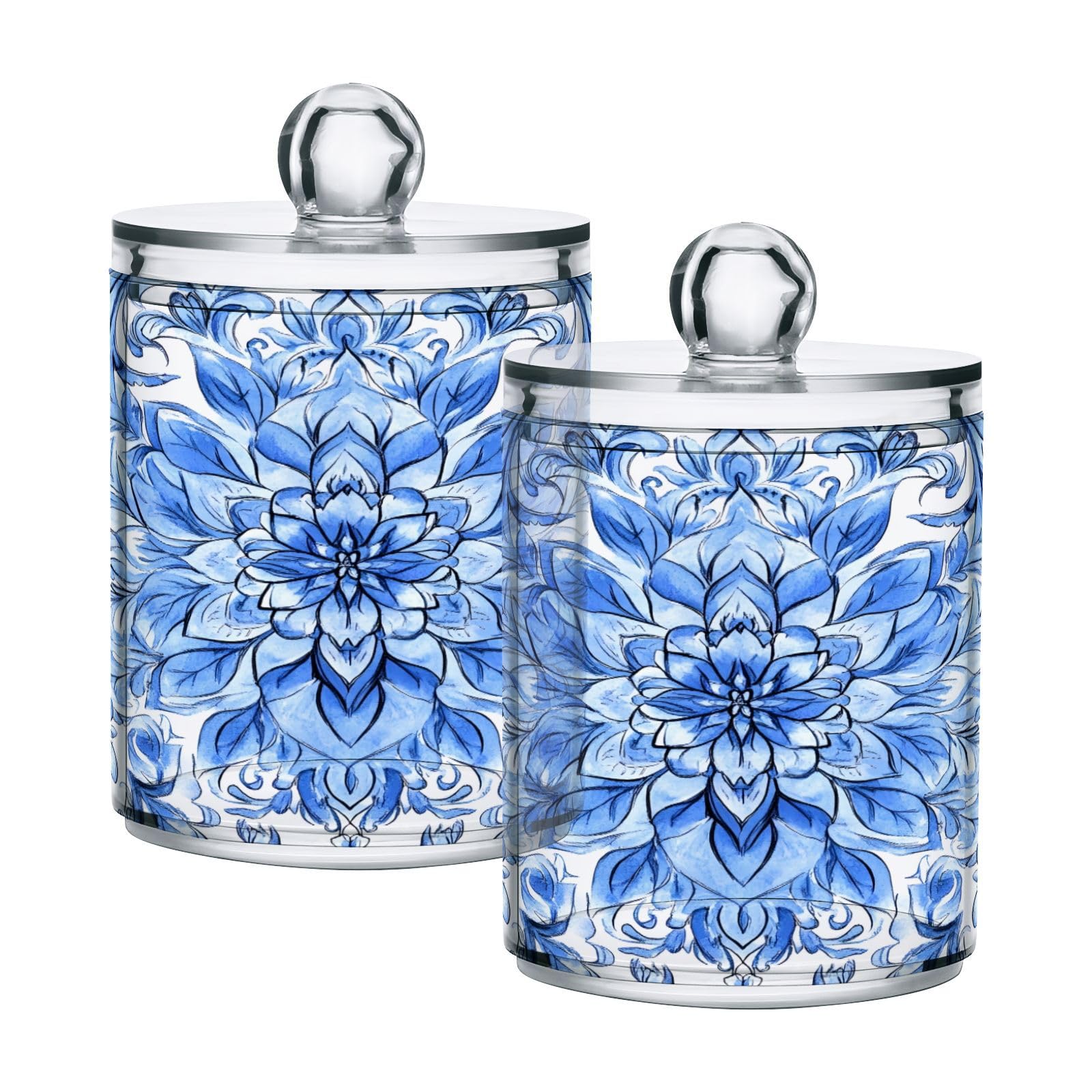 Ewusp White Blue Pattern Qtip Holder 2 PCS Clear Plastic Apothecary Jars with Lid Cotton Pad Holder Dispenser Cotton Bud Holder Bathroom Storage Container Makeup Organizer
