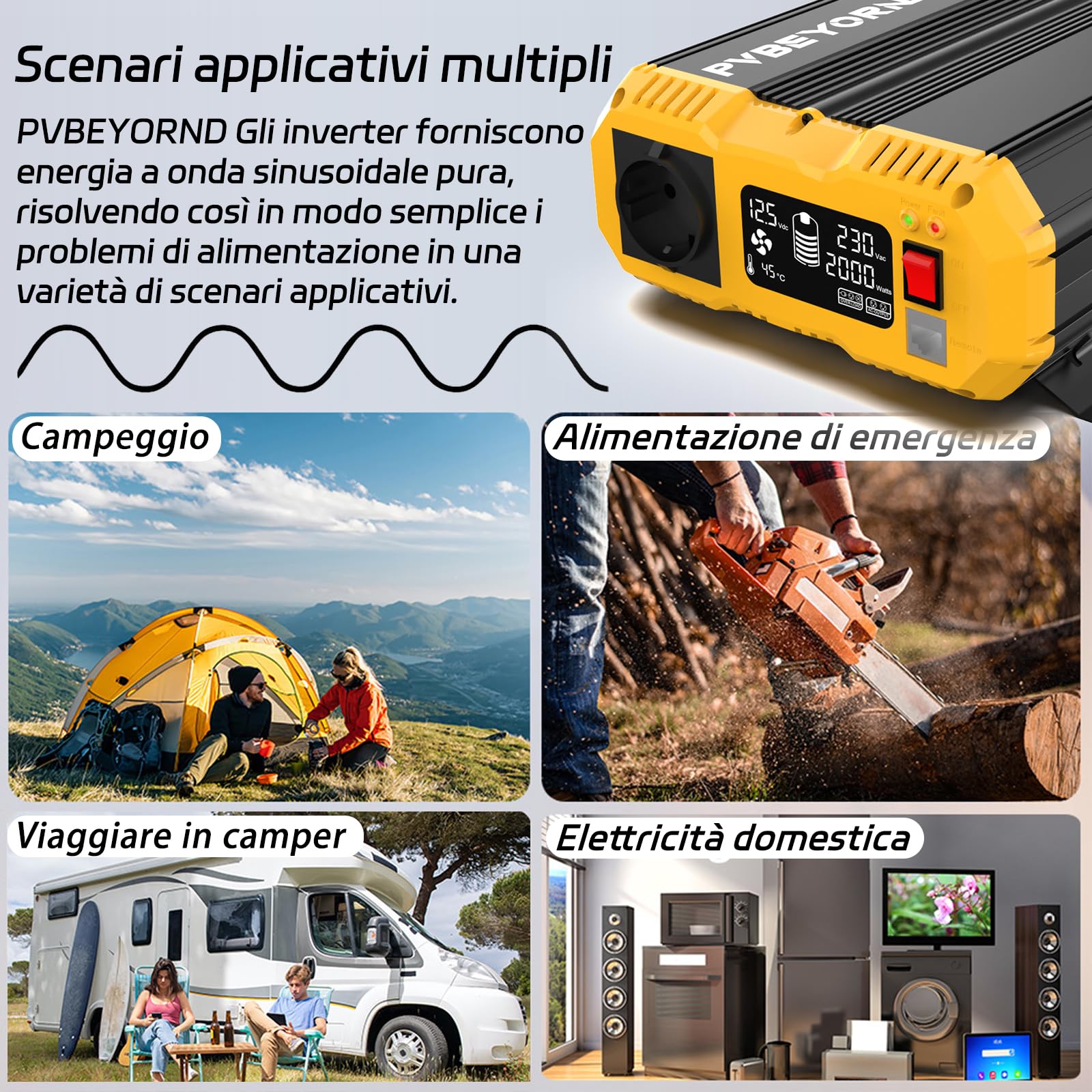 Inverter 12v 220V/230V onda pura 2000W/4000W Inverter 12v 220v onda pura Dotato di un controller esterno e di un display LCD è adatto all'utilizzo fuori rete in camper e abitazioni