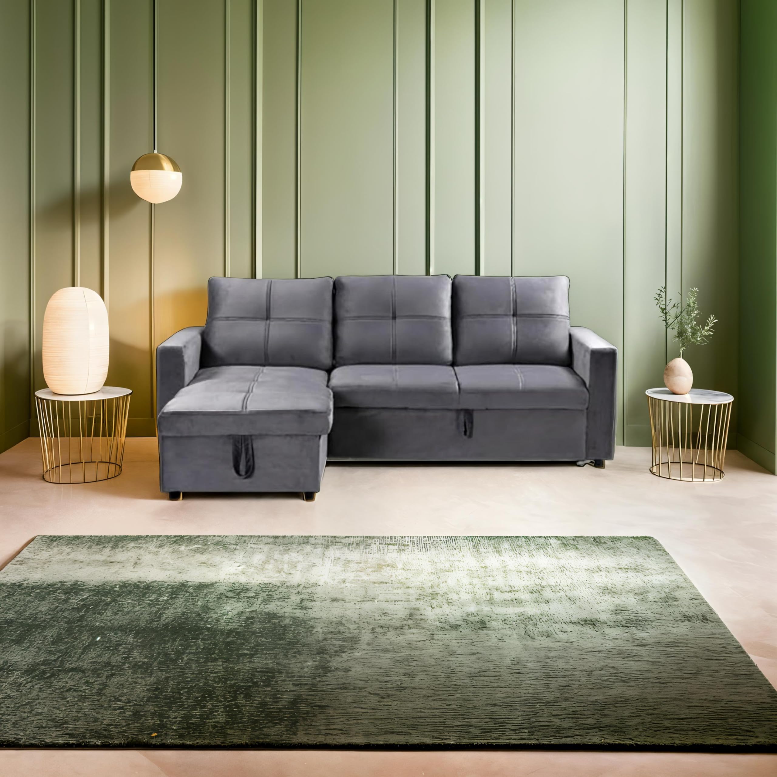 Sofá Cama Chaise Longue PAU, 215x135cm - Diseño Moderno, Almacenamiento - Color Gris Terciopelo