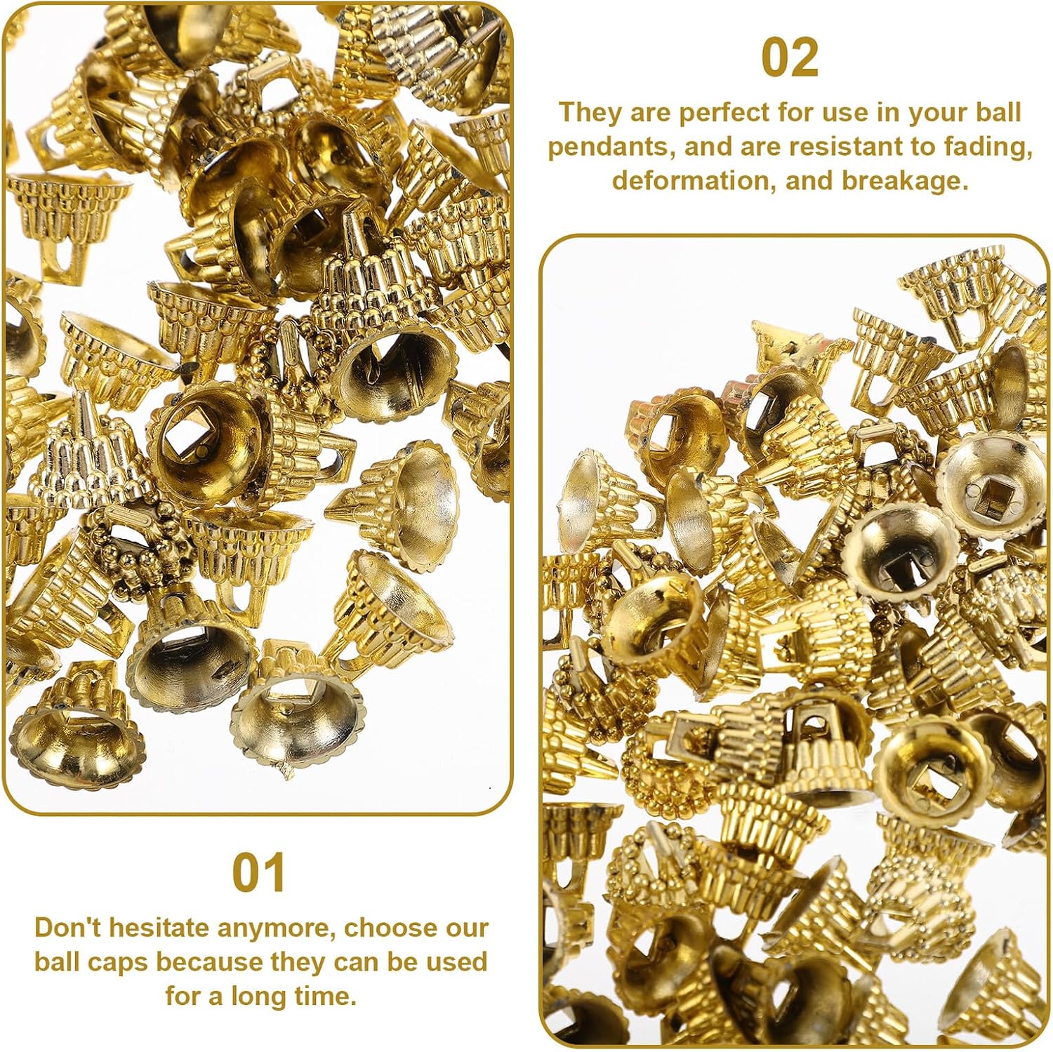 Christmas Ball Pendant Caps DIY 1.3cm Gold Plastic Ornament Top Covers, 200pcs Ball Decoration Holders for Holiday Tree Ornaments and Craft Accessories