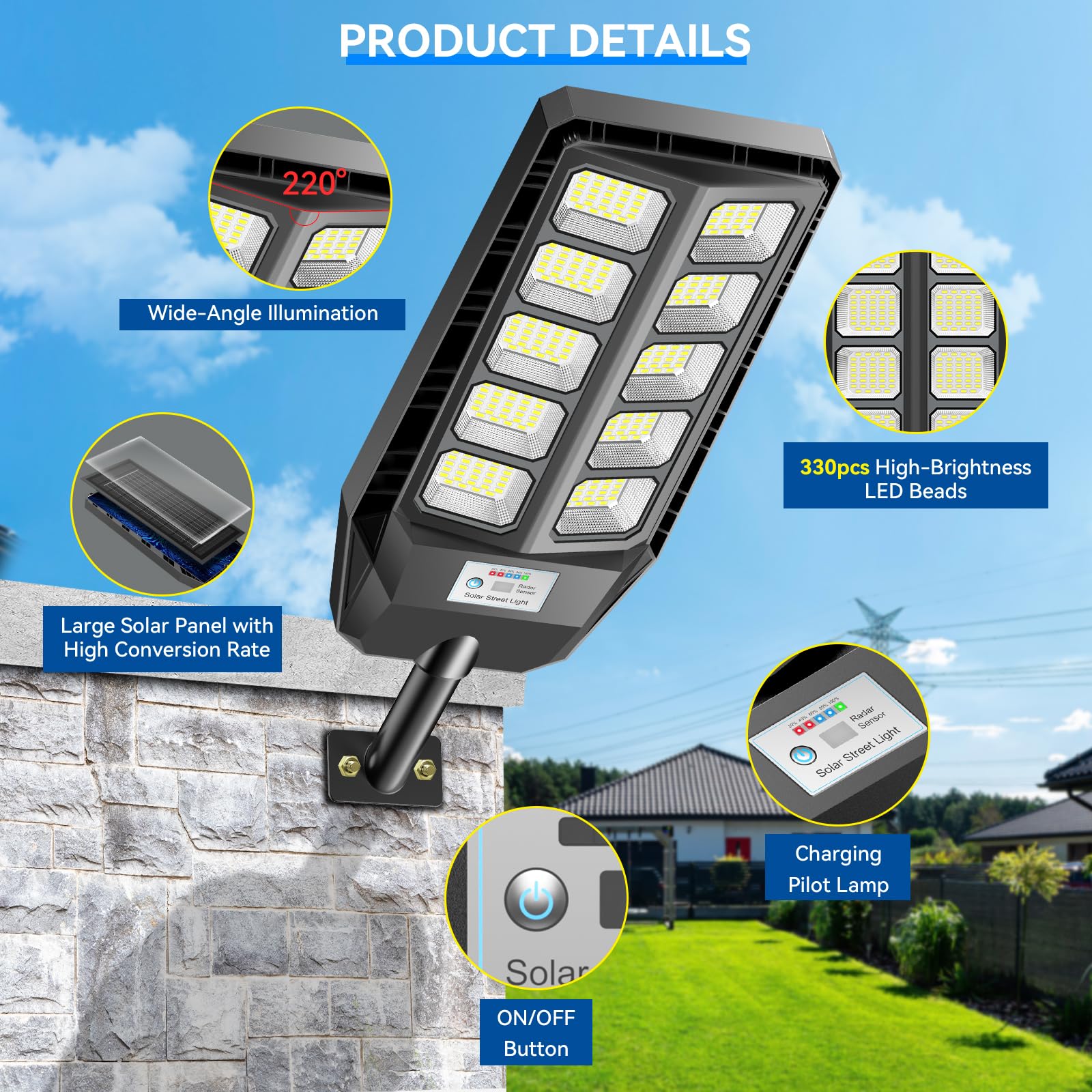 Adewalk 2000W Lampione Solare Led Esterno con Telecomando, IP66 Impermeabile Lampada Stradale Solare con Sensore di Movimento, 6500K Super Bright Lampioni da Giardino Esterno Solari per Garage Strada