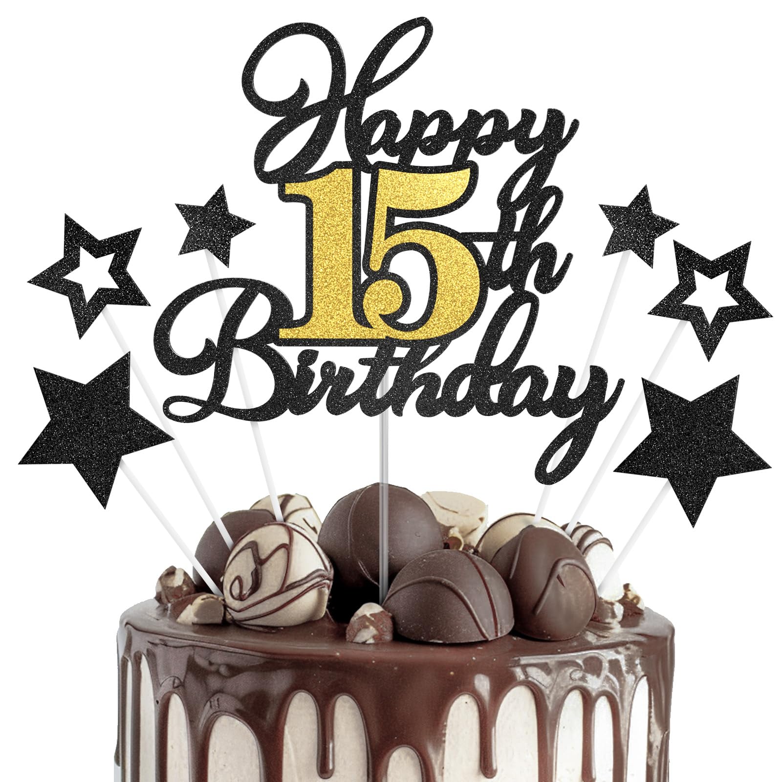Happy 15th Birthday Cake Toppers, Black Gold Glitter Cake Decorations Set, 15th Birthday Decor for Boy Girl, Birthday Anniversary Party Decorations Supplies
