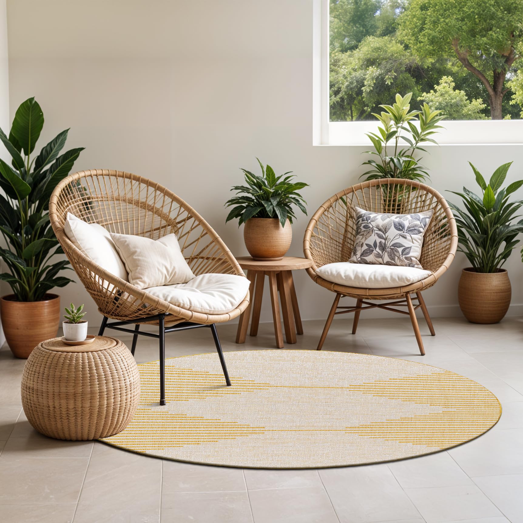 Livabliss Dolly Sevilla Indoor Outdoor Round Carpet 160 cm, Living Room, Dining & Kitchen, Waterproof, Stain Resistant, Durable Boho Style, Mustard Ivory