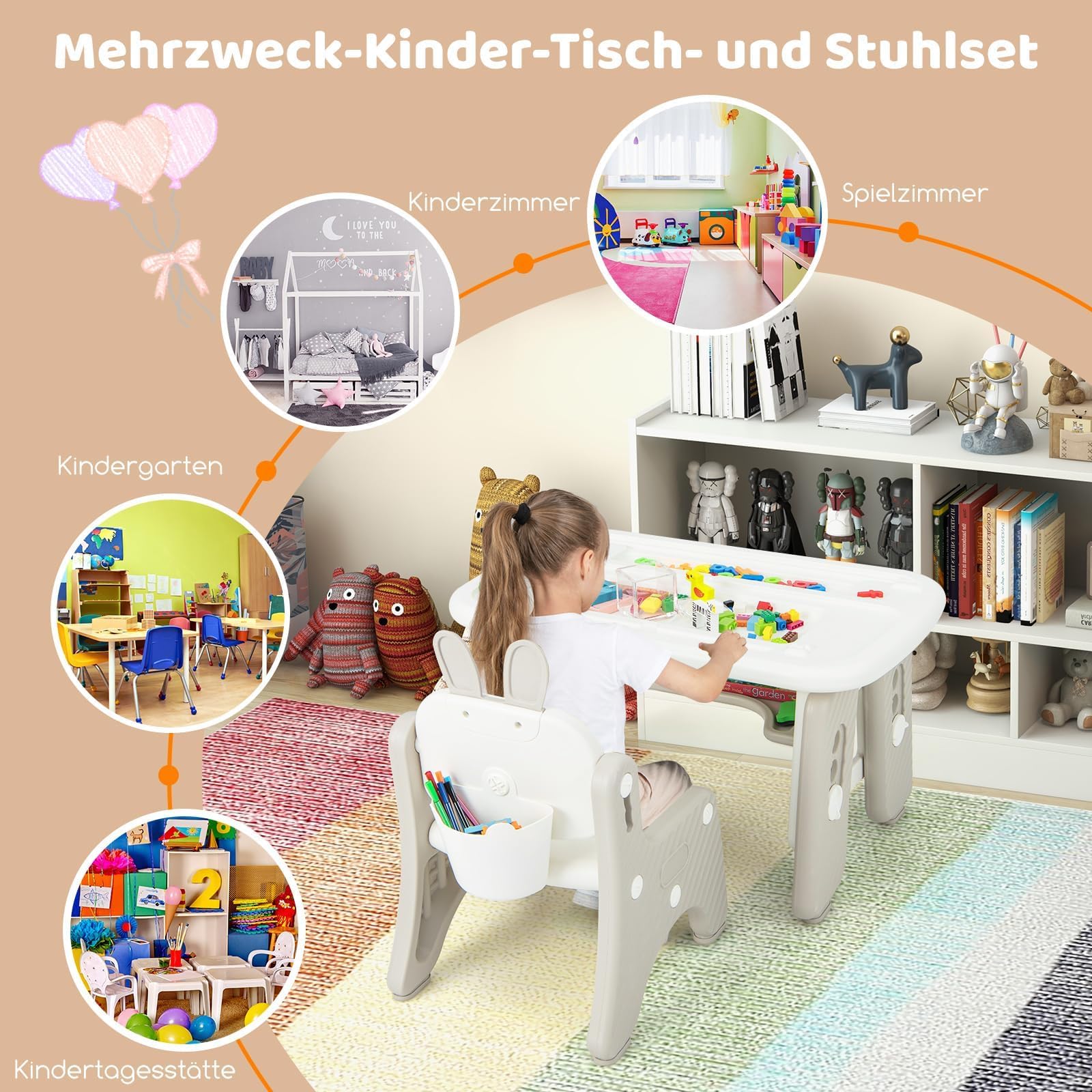 COSTWAY Kindertisch mit Stuhl, Kindersitzgruppe mit Stauraum, Kinder Tisch höhenverstellbar mit aufklappbarem Bücherregal & magnetischem Zeichenbrett, Maltisch für Kinder ab 1 Jahr