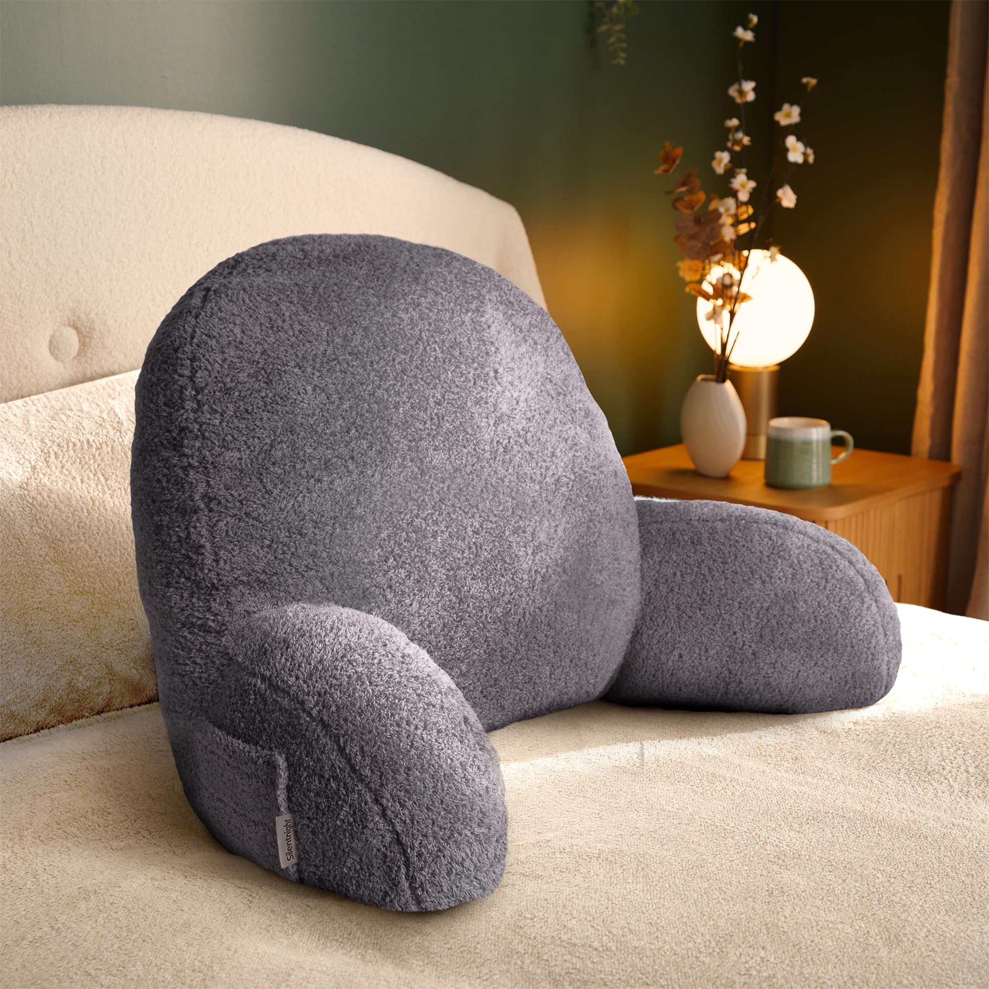 Silentnight Grey Cosy Cuddles Cuddle Pillow - Snuggly Teddy Boucle Pillow With Side Pocket - Huggable Comfort & Support For Back & Arms - Sit Up Reading Cushion - Relax Read Game Work In Bed Or Sofa,