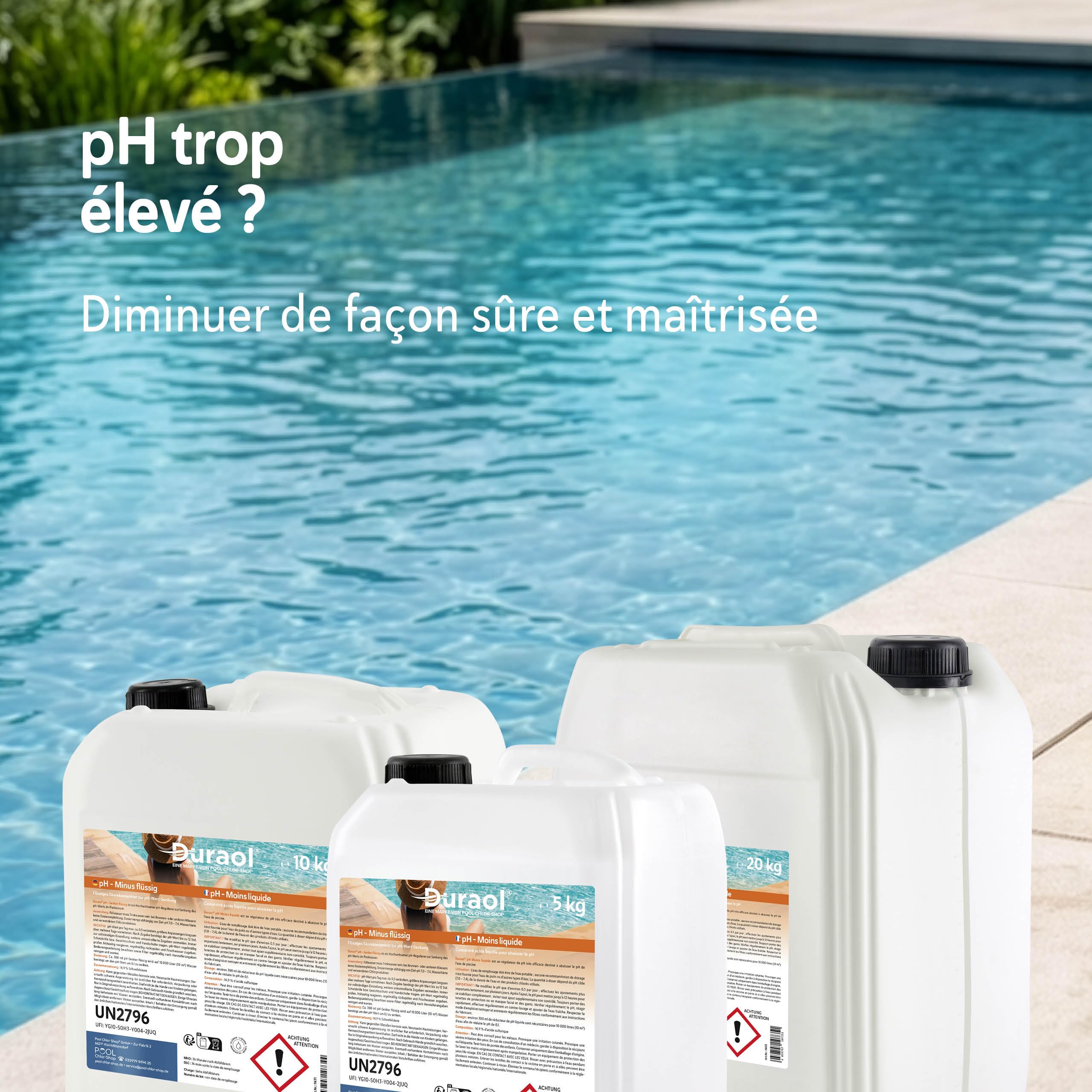 pH Moins Liquide 20 kg – Réducteur de pH pour Piscine à l'acide Sulfurique <15% – sans Acide Chlorhydrique – pour Dosage Automatique ou Manuel