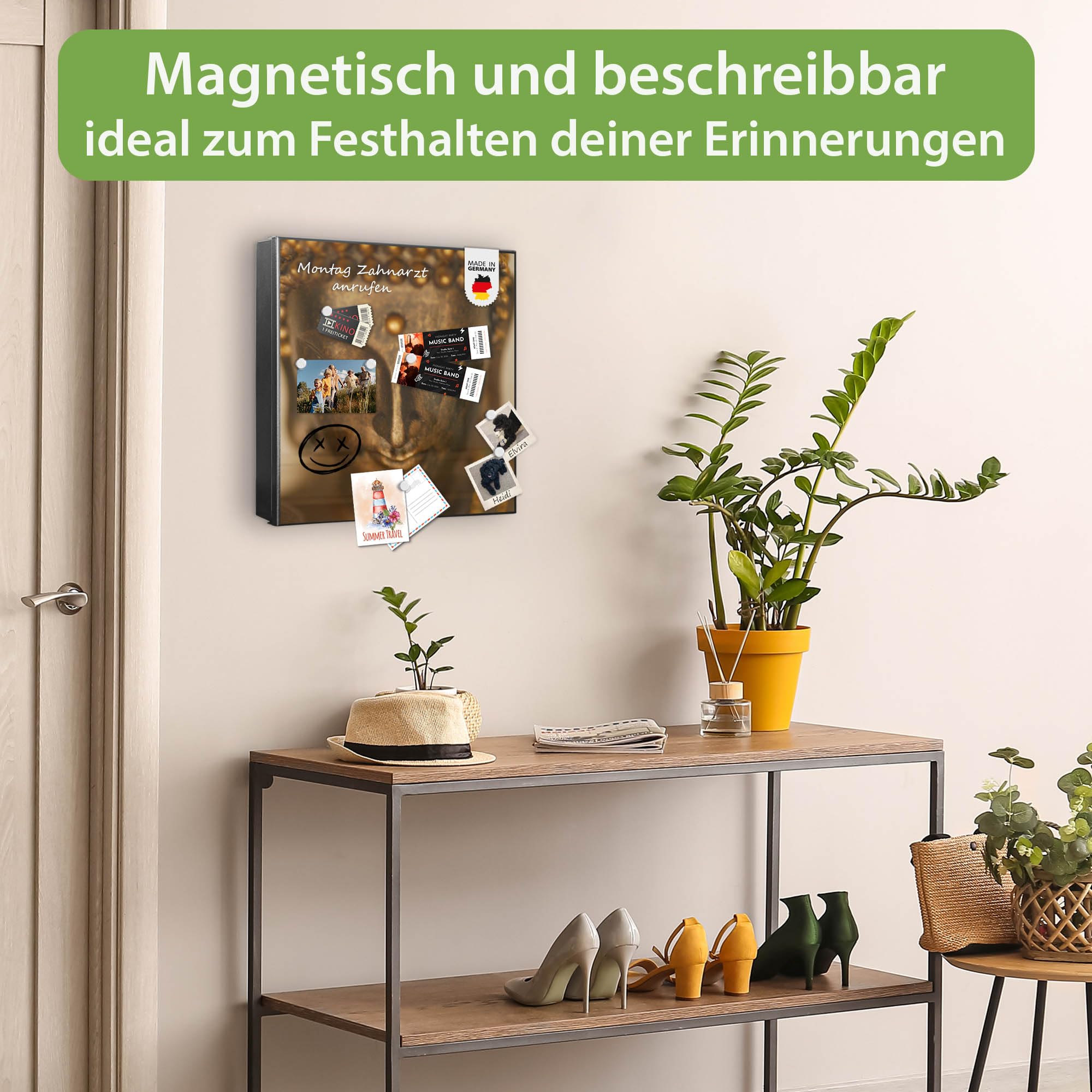 banjado Großer Schlüsselkasten Metall - Schlüsselbox 30x30cm beschreibbarer mit 32 Haken - Schlüsselkasten modern für Schlüsselaufbewahrung - Korpus Schwarz Scharnier Links - Motiv Buddha Gold