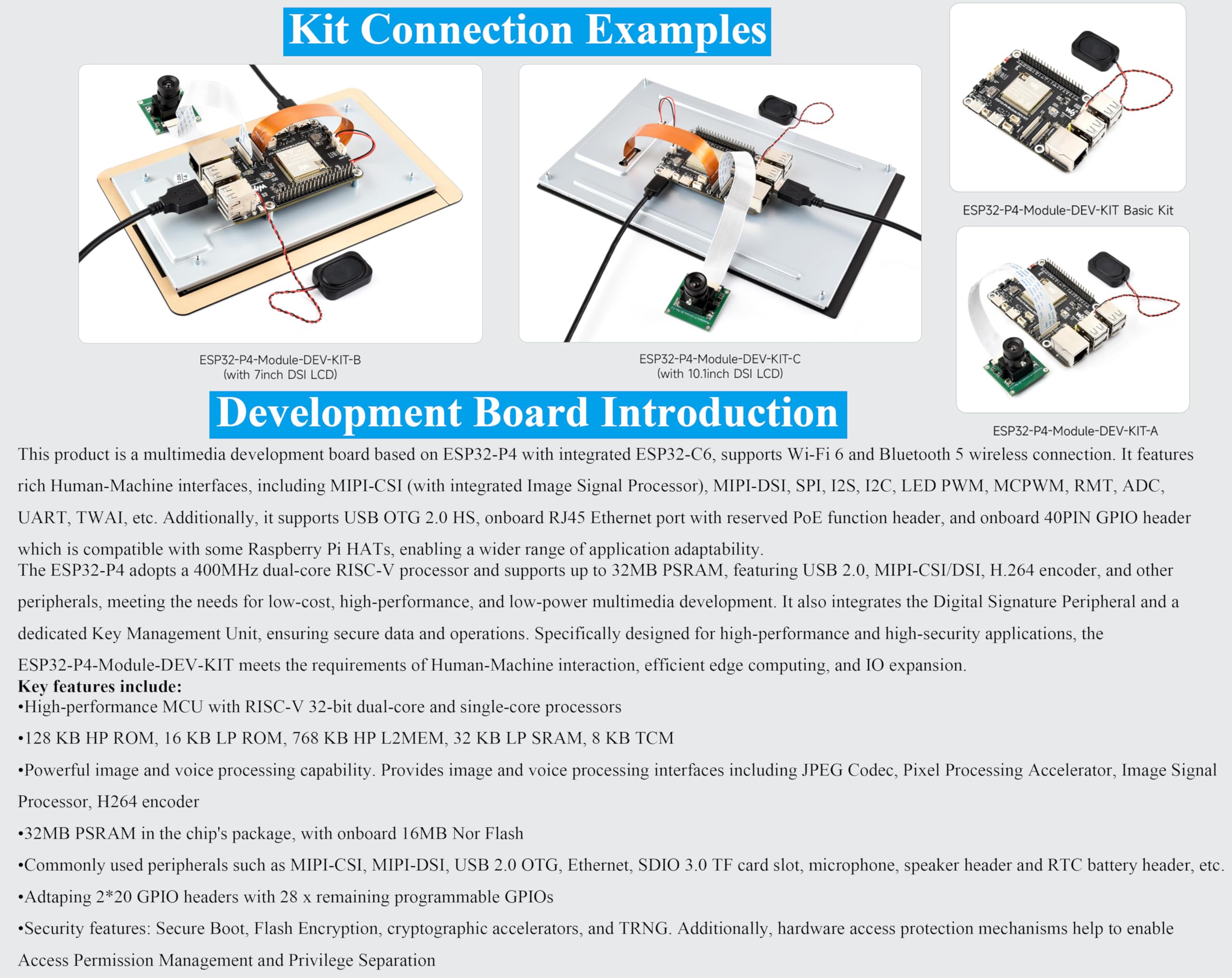 Amazon.com: ESP32-P4-Module High-Performance Development Board, Based On  ESP32-P4 and ESP32-C6, Supports Wi-Fi 6 and Bluetooth 5/BLE, Rich  Human-Machine Interfaces, Comes with Speaker : Electronics