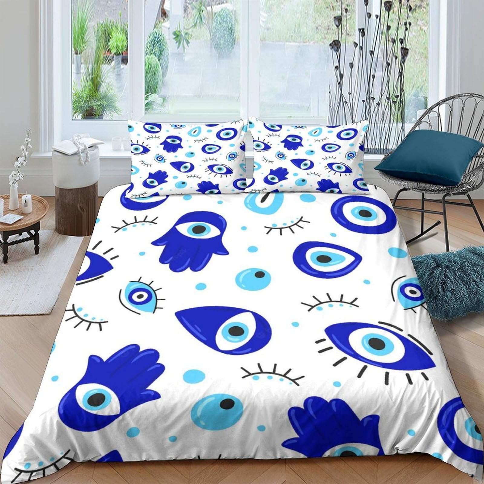 GPLZQXKJNH 3D Printed Evil Eye Duvet Cover Set Microfiber Soft Blue Hamsa Hand Bedding with 2 Pillowcases for Bedroom Decor Single（135x200cm）