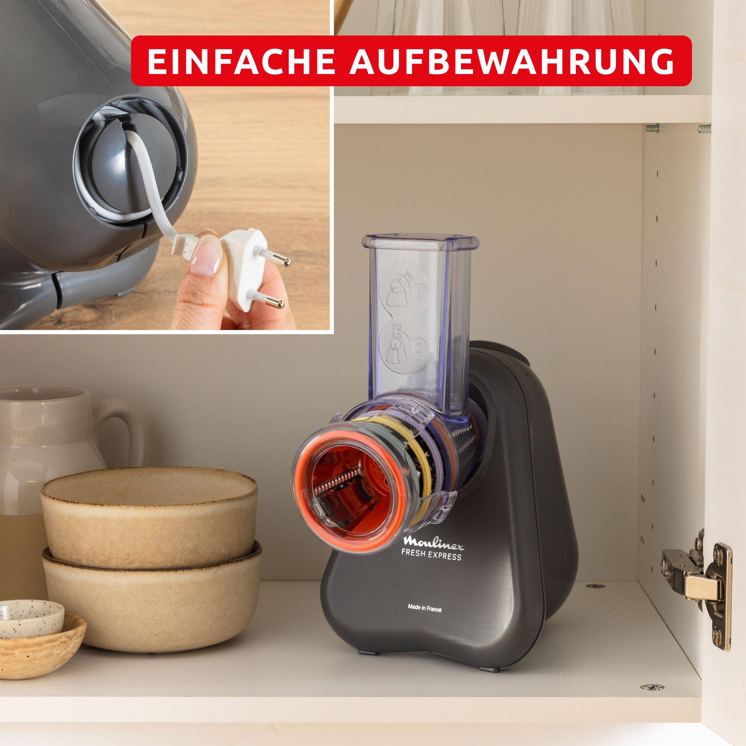 Moulinex Fresh Express Elektrische Gemüsereibe, Direktserviersystem, 5-in-1, zerkleinern-schneiden-reiben-wellenförmig-schneiden, Kabel-Verstausystem, Zubehör spülmaschinenfest, Grau, DK855HE0