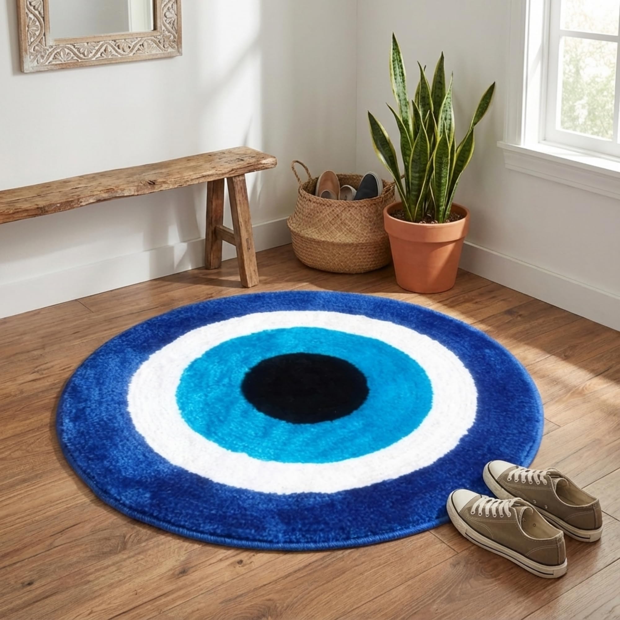 Evil Eye Bath Mat, Decorative Door mat, Nazar Protection Designer Floor Mat for Home Entrance, Royal Blue and White, Floor Mat, 21x21 Inchs (Round)-image-7