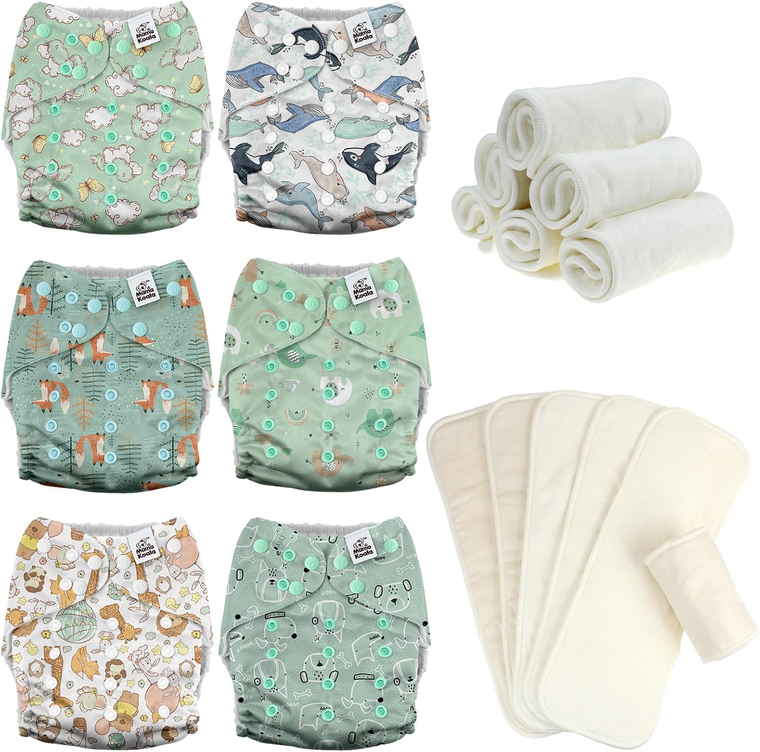Mama Koala 3.0 Baby Cloth Diapers with 6 Inserts Bundle(Adorable Animal), with 6 Pack 6-Layer Bboo Hemp Cotton Inserts