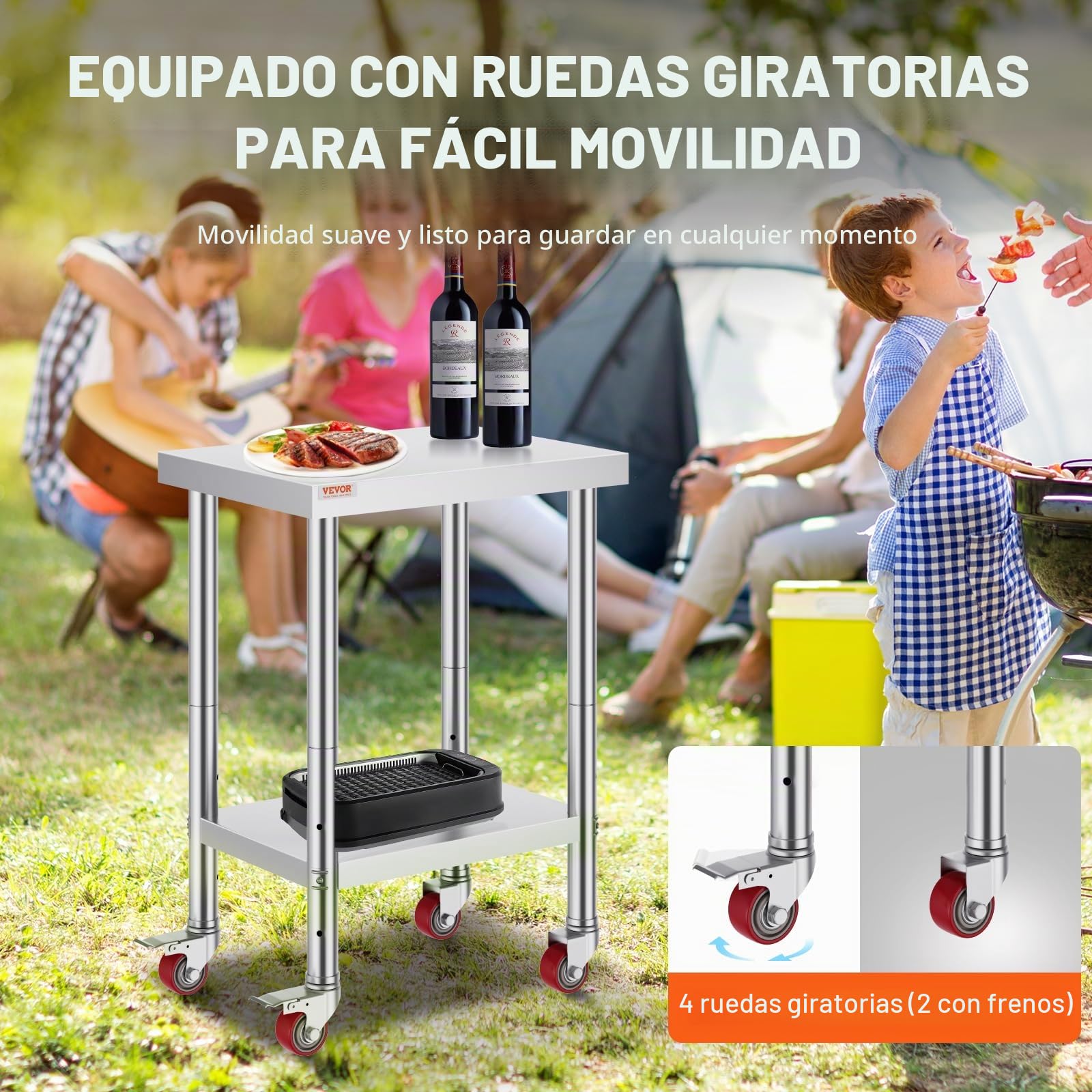 VEVOR Mesa de Preparación de Comida de Acero Inoxidable 61x45,7x86,4cm Tabla de Cocina Profesional Capacidad de Carga 100 kg Tabla de Trabajo de Cocina Catering Ajustable para Restaurante Escuela