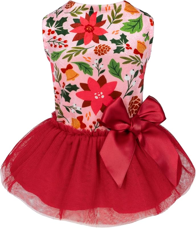 Vestido Tutu de Natal para Cães Pequenos Fitwarm com Flores, Saia de Tule Vermelha, Vermelho e Rosa, XS