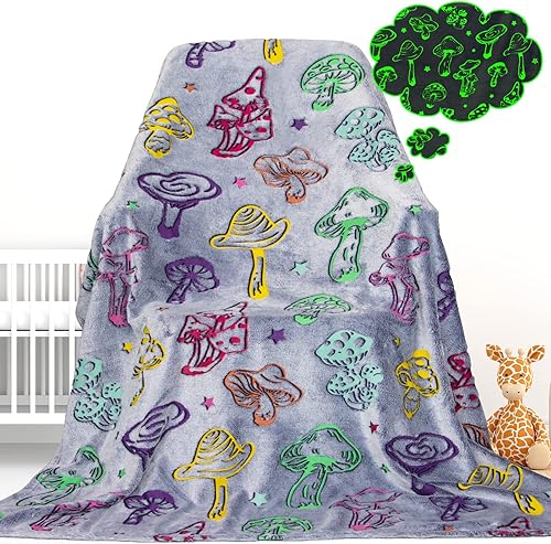 Manta que brilla en la oscuridad, manta de hongo para niños y adultos, manta de franela suave, mantas coloridas y luminosas de hongos para sofá,