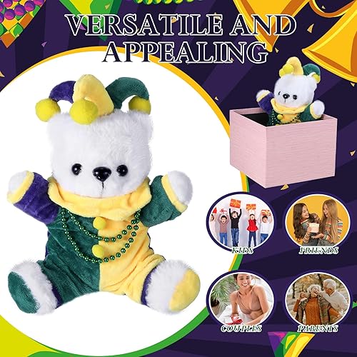 Miniatura 5 de RoundFunny Bufón de oso de Mardi Gras con collar verde, animal de peluche pequeño, juguete suave de peluche de 7.8 pulgadas, premios de carnaval,