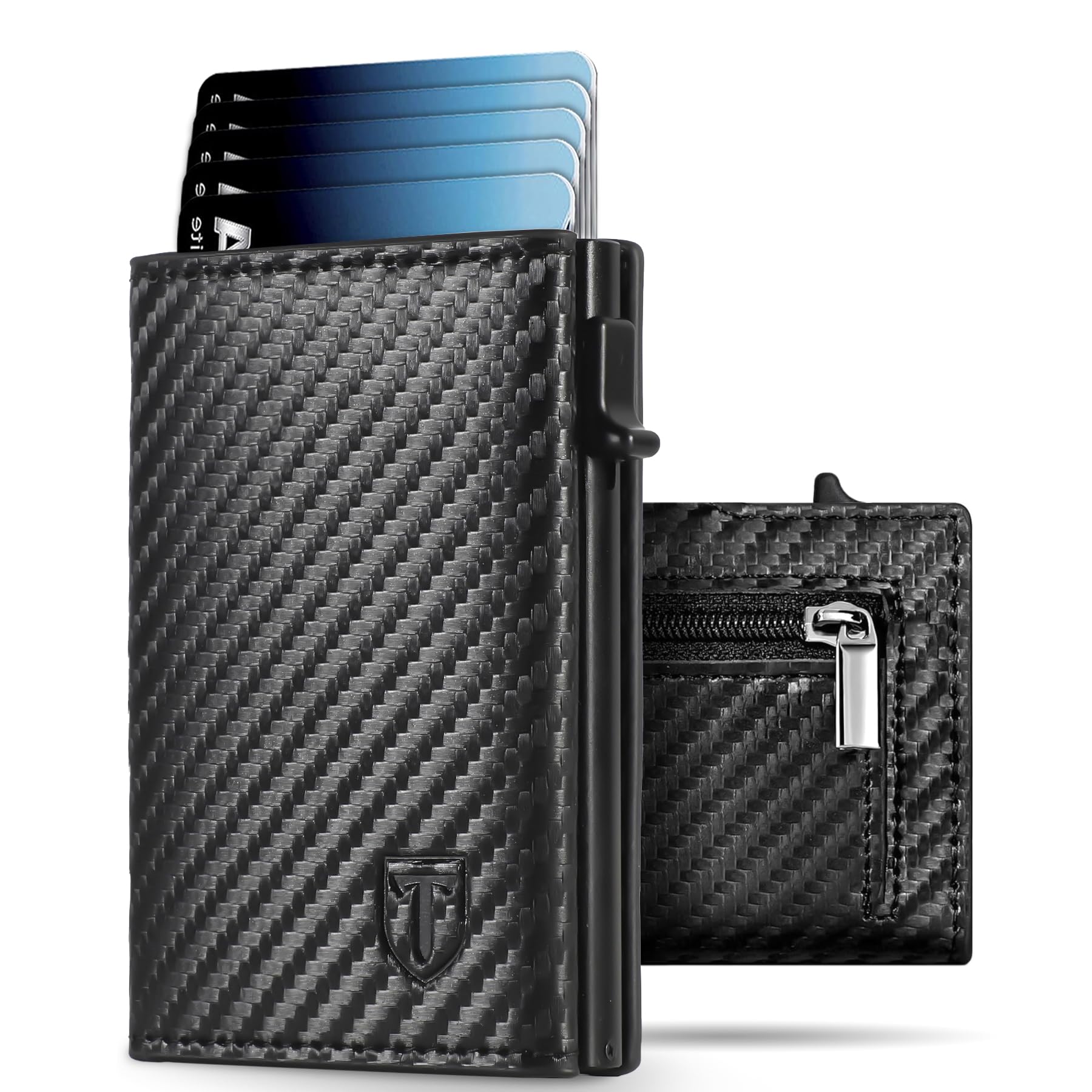 TENBST Portafoglio Uomo, Slim Porta Carte di Credito Uomo con RFID Anticlonazione, Portacarte Uomo Piccolo Magnetico, Porta Tessere con Portamonete e Contanti, Idea Regalo Uomo (Carbon Nero)