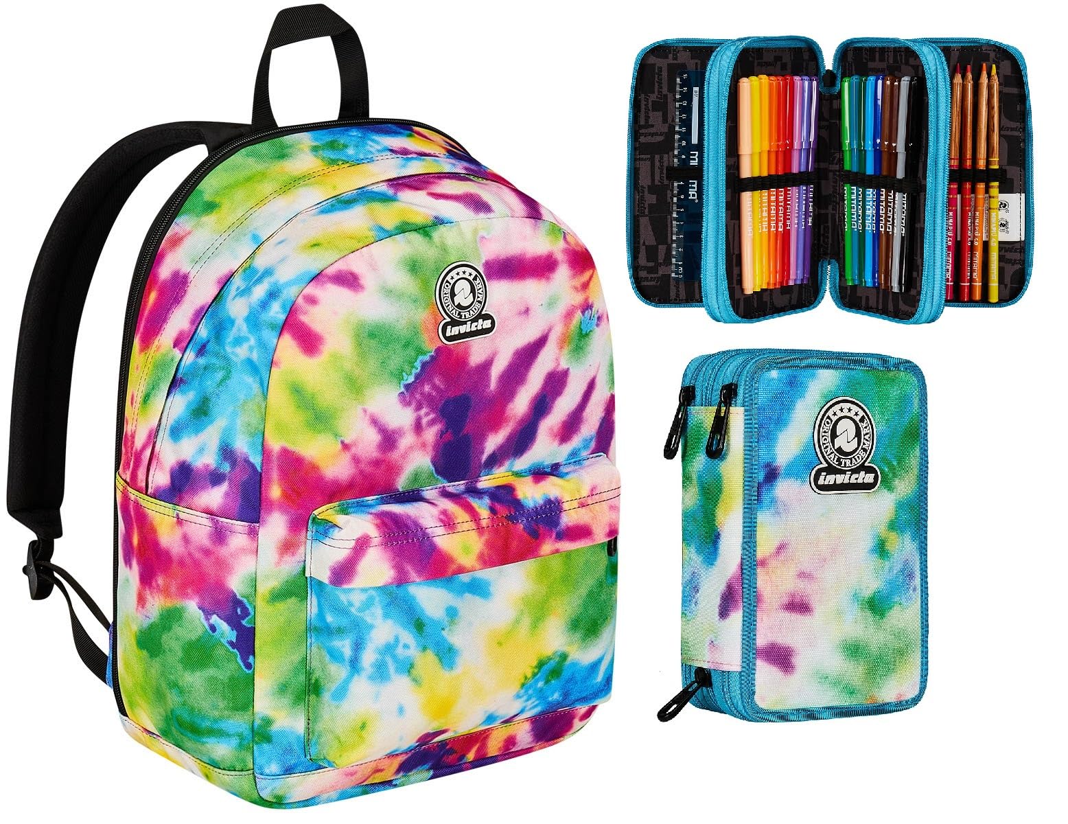 Invicta Zaino Scuola Monoscomparto, Multicolore, Massima Capienza, Tasca Porta Borraccia + Astuccio Scuola 3 Scomparti Zip Bambina Ragazza
