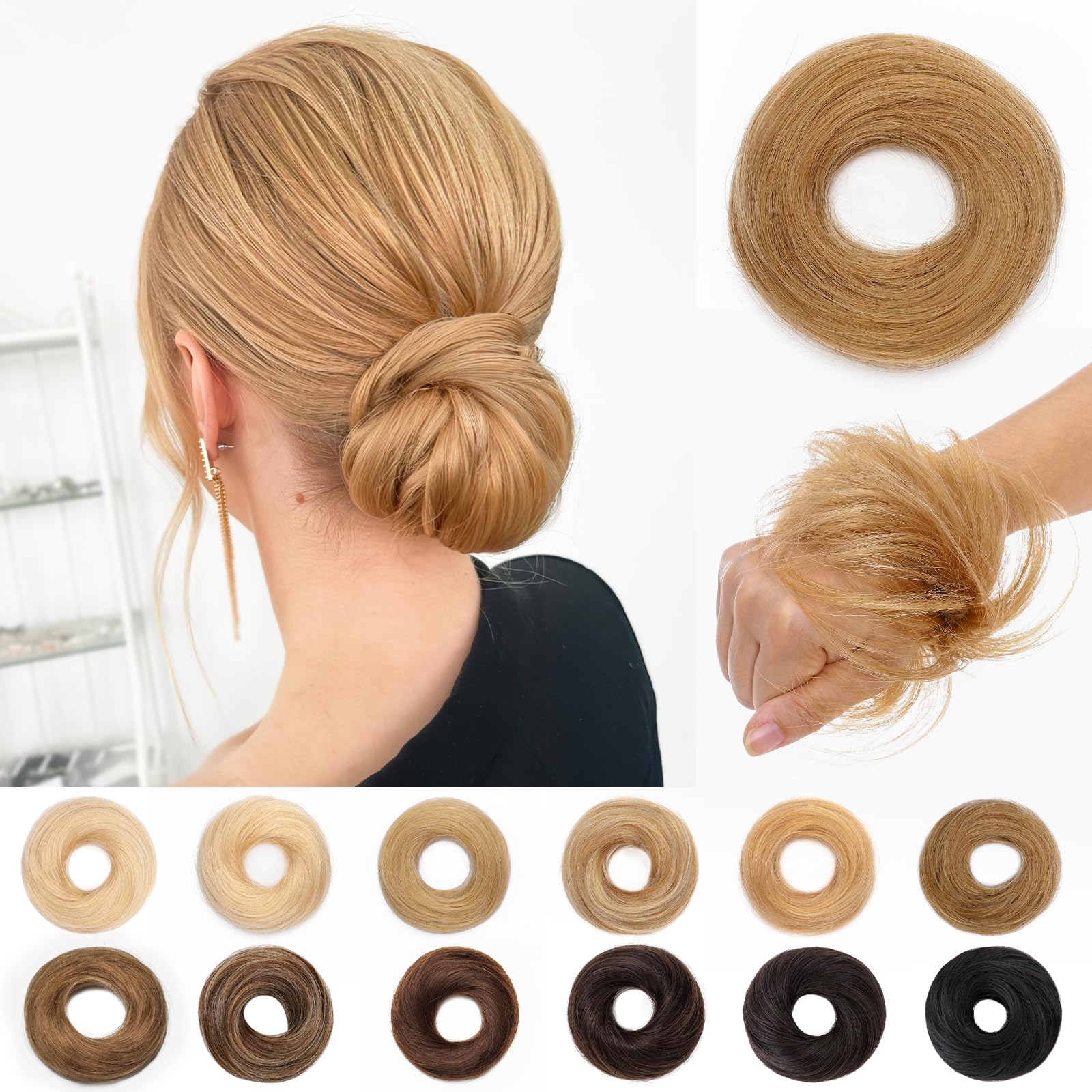 SEGO Pro Real Human Hair Messy Bun Scrunchie, Donut Bun Hair Piece for Women - Straight, 27# Dark Blonde, Pack of 1