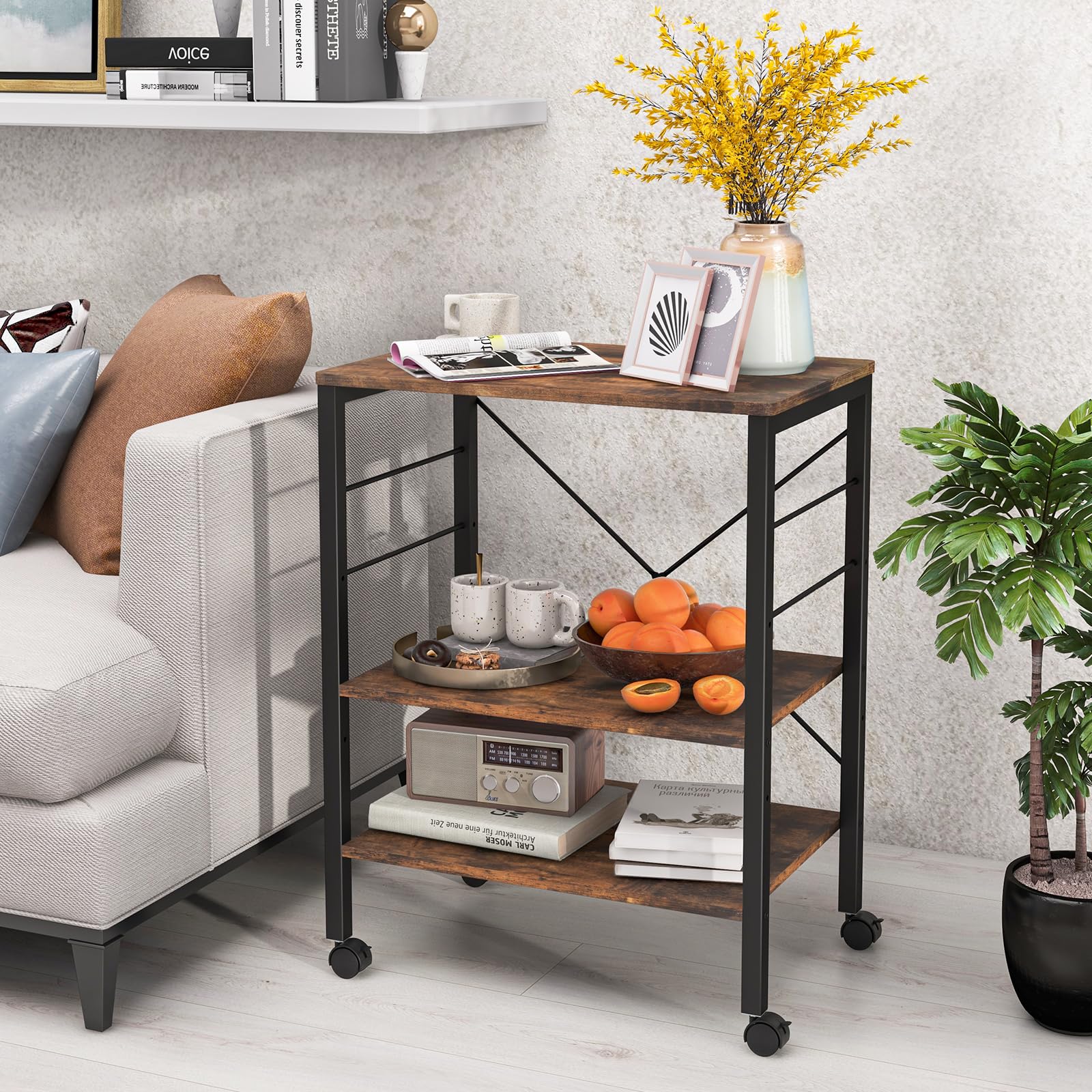 KOMFOTTEU Carrello da Cucina con Rotelle, Carrello a 3 Livelli con Ripiani Regolabili e 10 Ganci a S, Carrello di Servizio in Legno e Metallo, Carrello Multiuso per Ufficio Cucina (Industria)