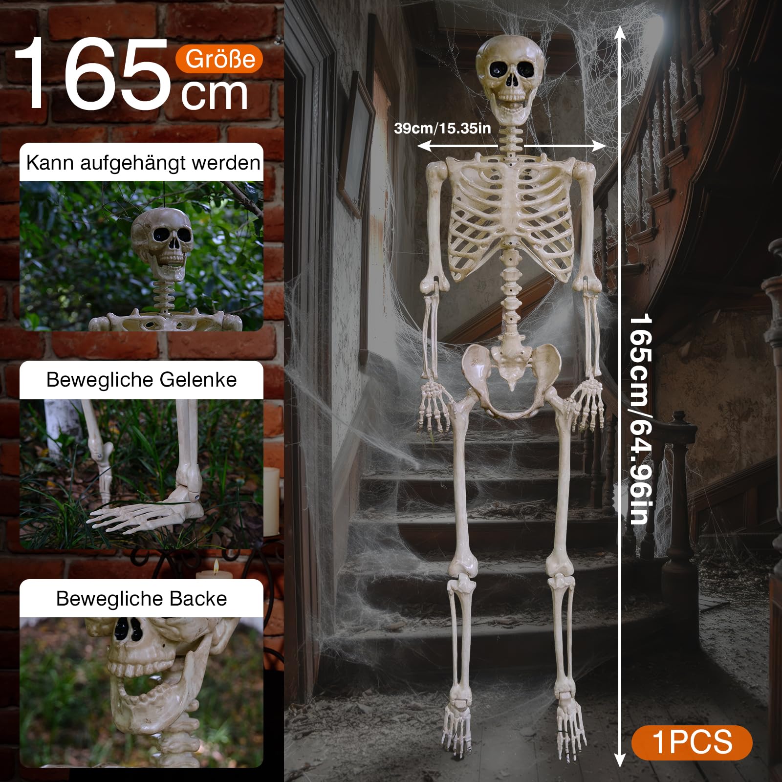 165 cm Halloween Deko Skelett Lebensgroß