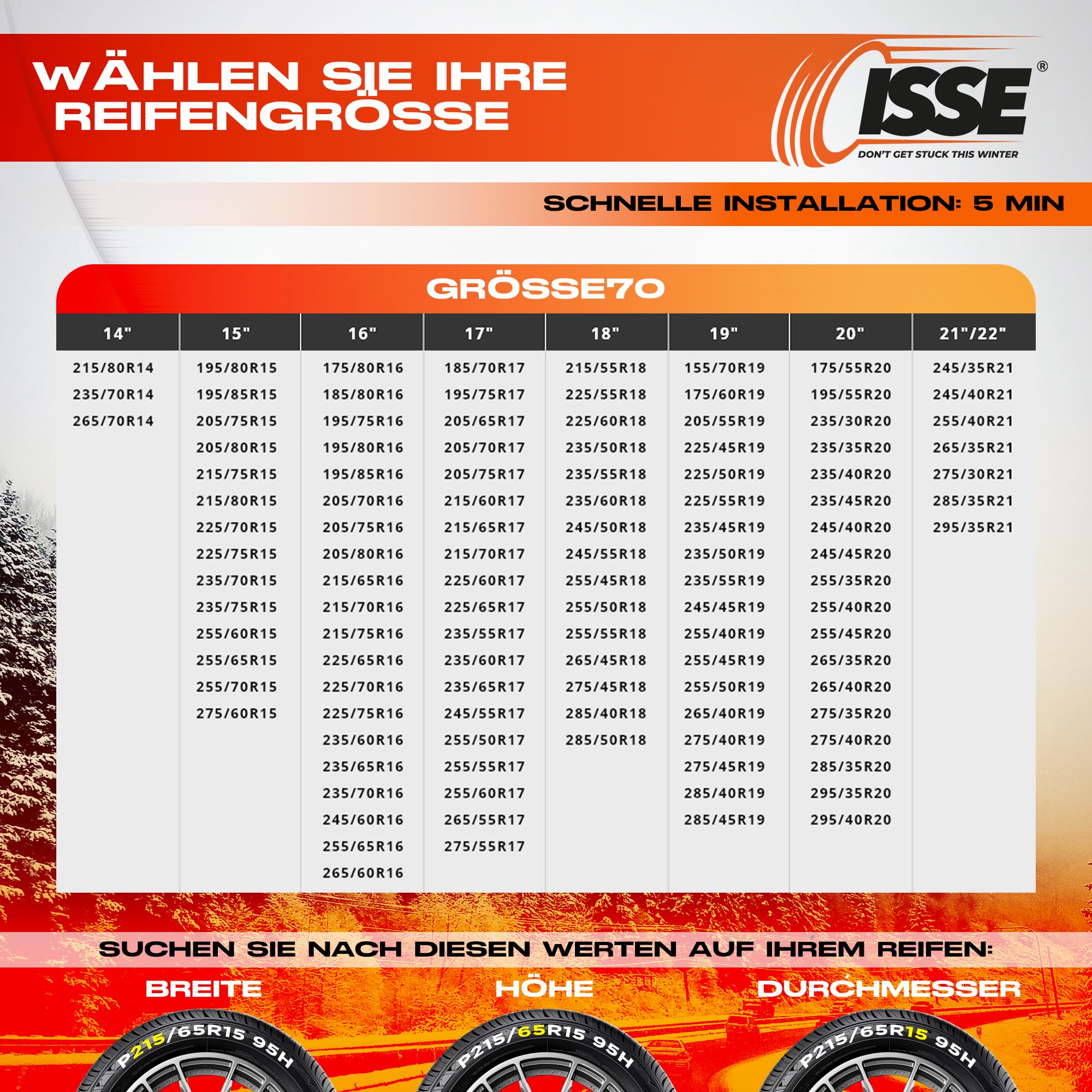 ISSE Schneesocken Super T-70 | Textil-Schneeketten, zugelassen und hohe Sicherheit – Set mit 2 Ketten für Autos + Handschuhe