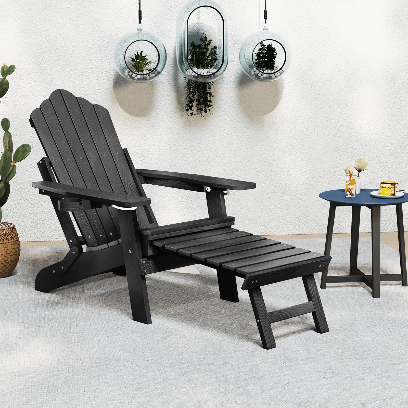 GOPLUS Silla Adirondack Ajustable, Tumbona Plegable de 4 Posiciones con Escabel Retráctil, Silla de Hips para Todo Clima con Portavasos, Tumbona Jardín Exterior de Listones para Terraza Piscina Patio