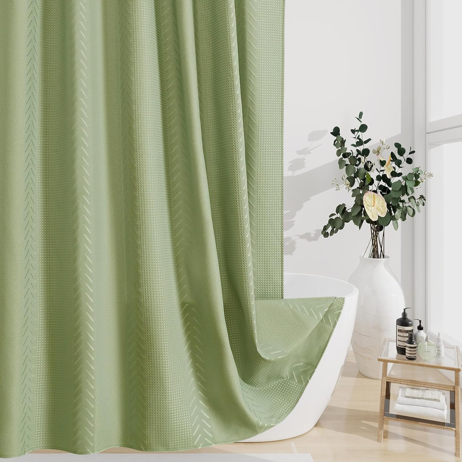 3D Embossed Pattern Shower Curtain, Simple and Chic Pattern Vintage Curtain for Bathroom, Waterproof Fabric Shower Curtains with Hooks, 72 W x 72 H, Sage