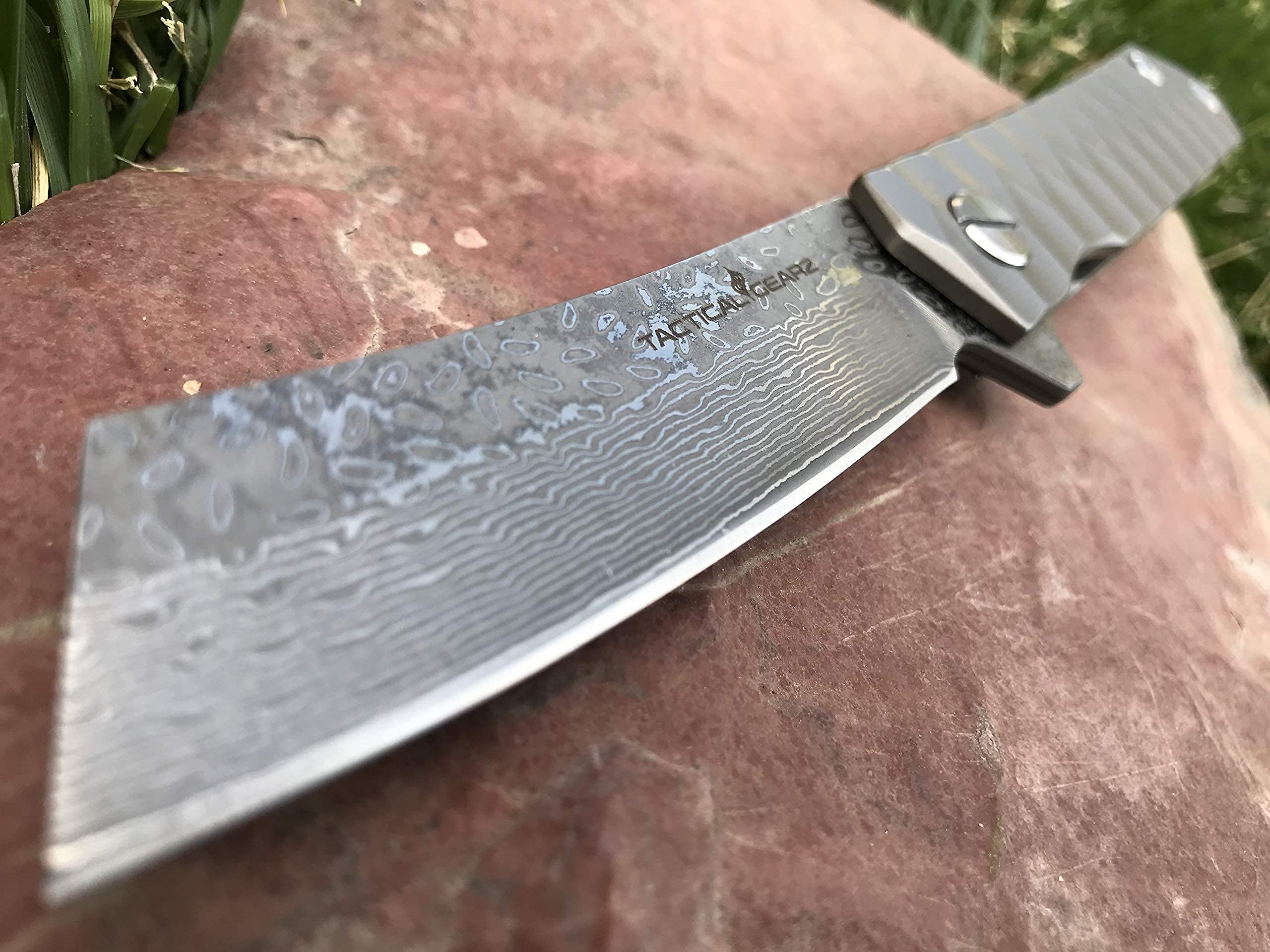 TACTICAL GEARZ Damascus Pocket Knife for EDC! Solid Tc4 Titanium Handle! Multi-Layered Damascus Steel VG10 Blade! Includes Sheath! (Silver XS)