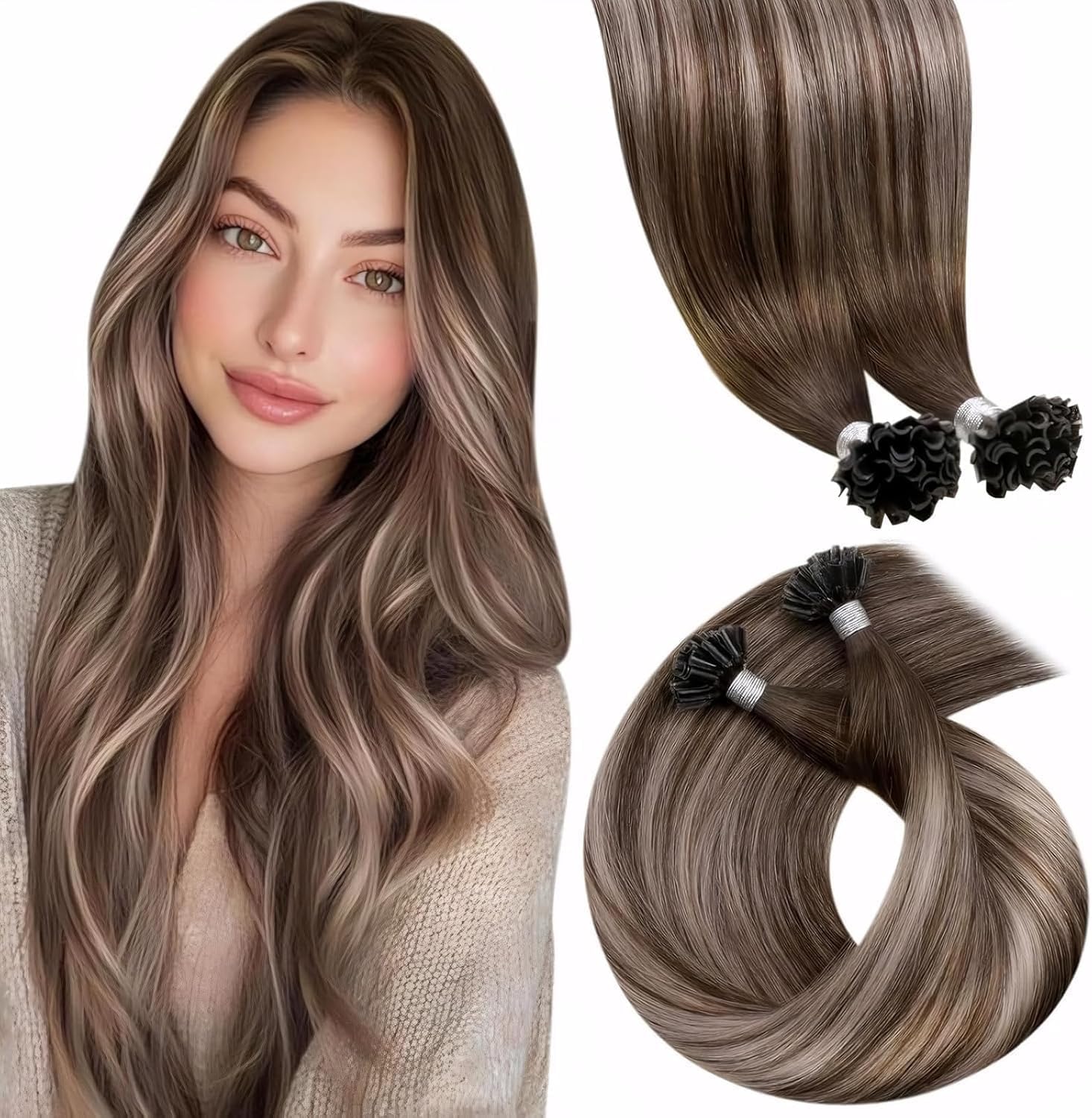 Totale 90g Extension Capelli Veri Cheratina con Extension Capelli Veri Biadesive Balayage Marrone Cioccolato a Biondo Scuro con Balayage Marrone Scuro a Marrone Chiaro e Biondo 35cm