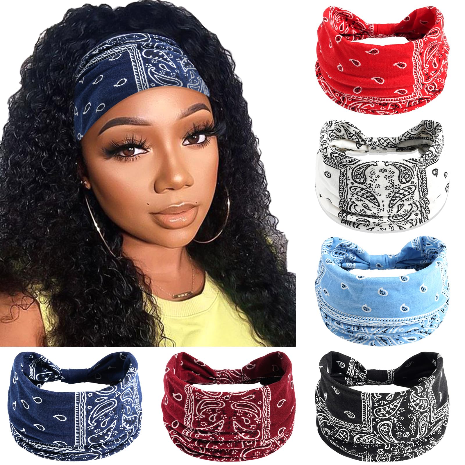 SAWINDA 6 Pack Wide Boho Headbands for Women Elastic Twisted Knotted Bandanas Thick Non-Slip Head Wraps Floral Print Womens Headbands Vintage Head