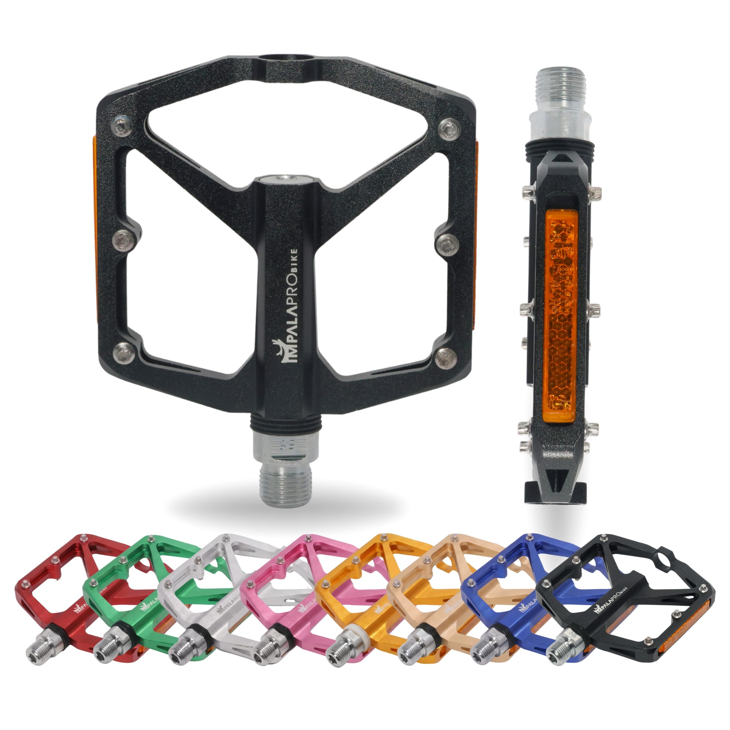 IMPALAPRO Aluminium Platform Bike Pedals with Reflectors – Lightweight Flat Bicycle Pedals 298g, Platform 100×95 mm, 12 Stainless Steel Pins – Mountain Bike Pedals, Gravel & Urban (black)