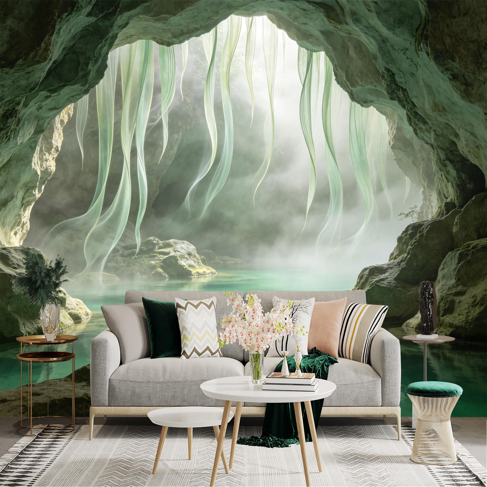 Lnzczhyre Dbh260521793 Custom Size Wall Sticker Mural， Ethereal Misty Cave， Turquoise Underground Lake， Mystical Flowing Fabric Drapes， Natural Wonder， For Wall Decoration， Peelandstick Wall Decals.