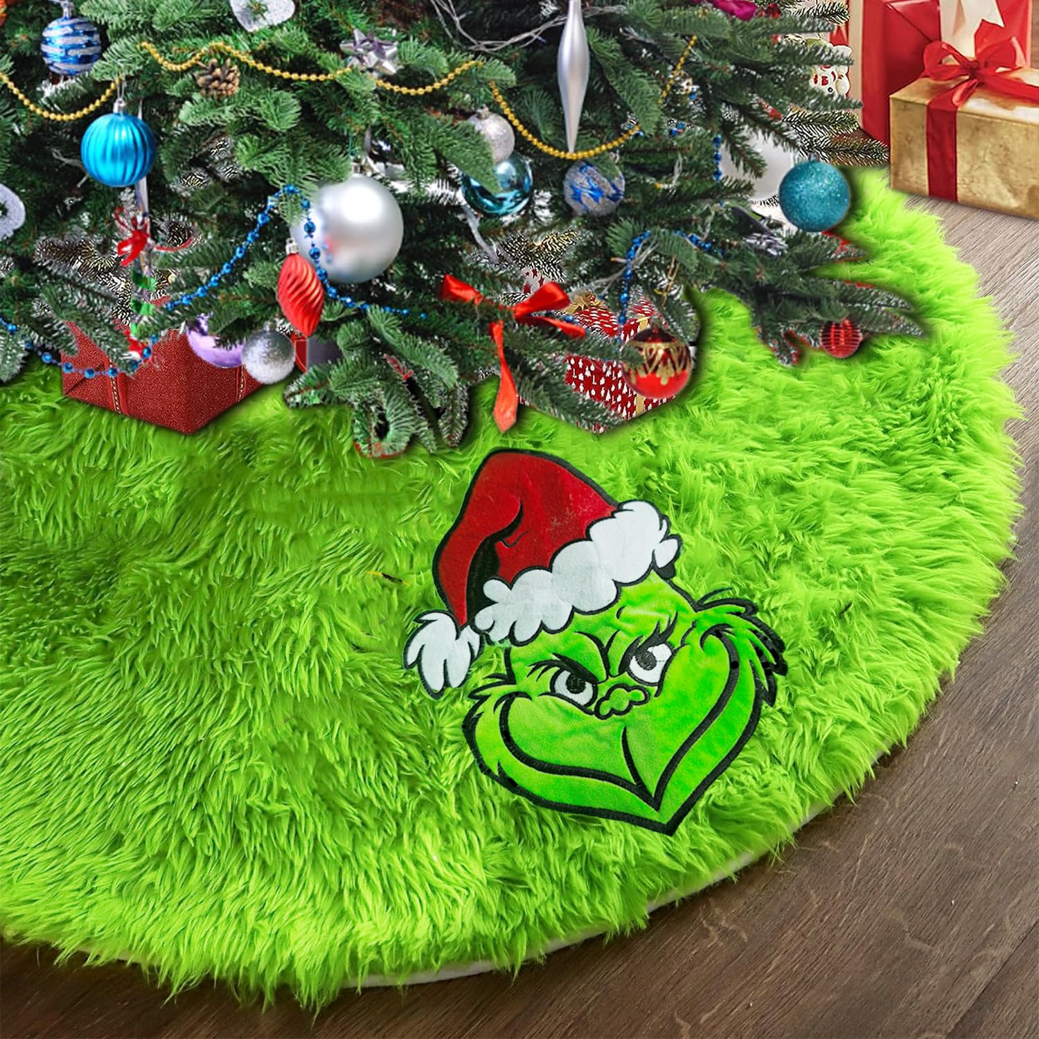 Hismir 48 Inch Green Monster Christmas Tree Skirt - Plush Faux Fur Holiday Decor
