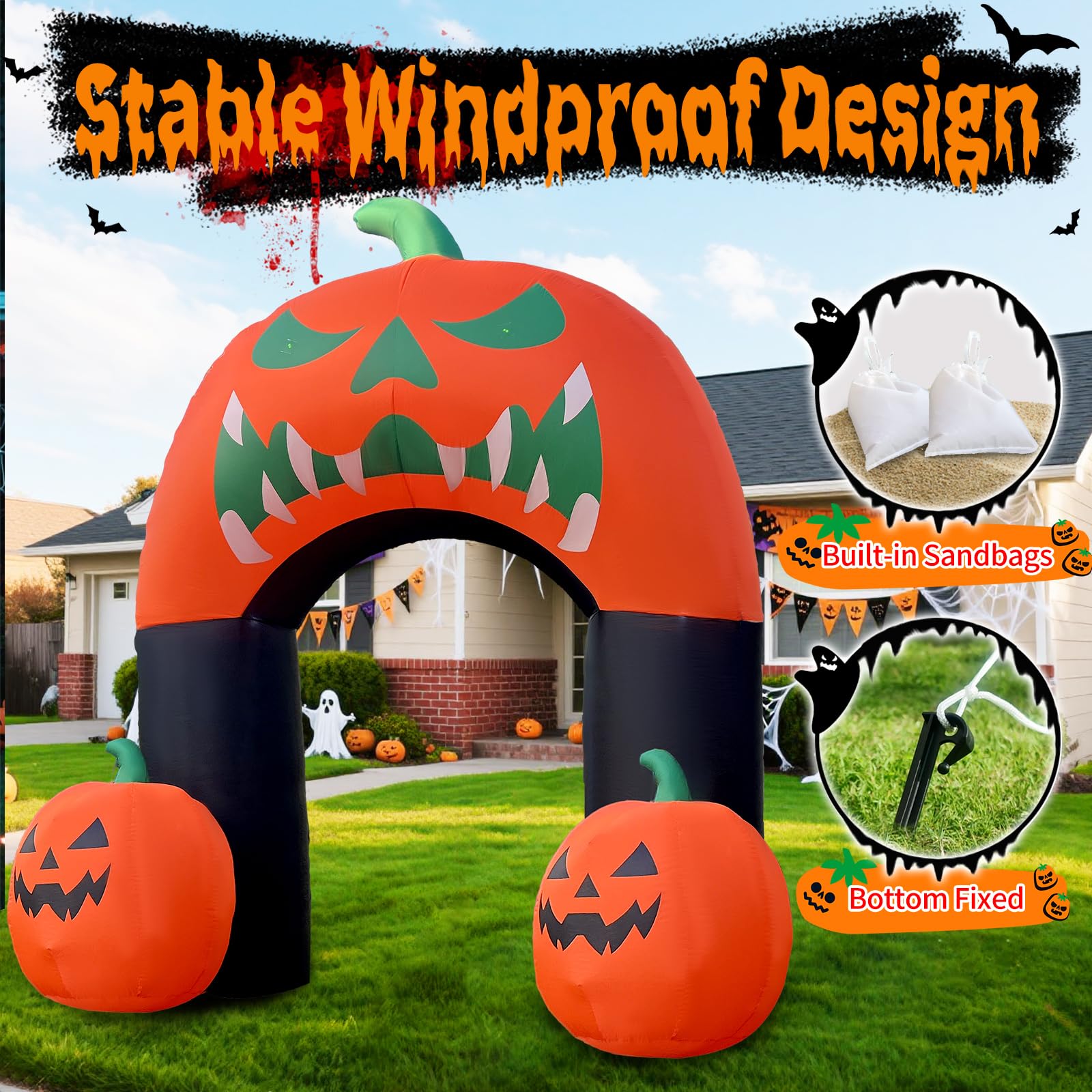 Zucca gonfiabile di Halloween con gatto strega a LED, decorazione animata da cortile per esterni, prato, feste, balcone e patio (arco di zucca da 3 m)