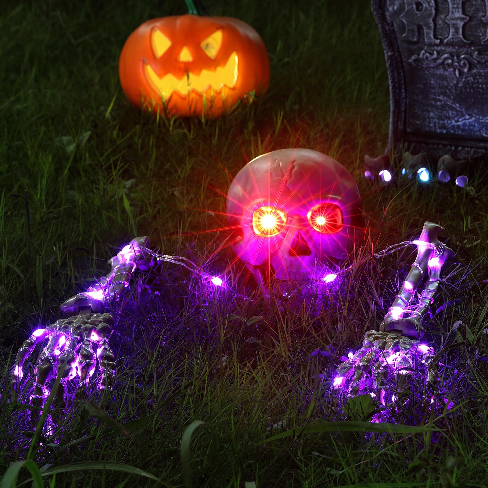 Halloween Outdoor Decorations Skeleton Stakes with 48 LED Lights Timer, Scary Groundbreaker Glowing Red Eyes Skull Head and Hands Arms for Graveyard Lawn Yard Haunted House Decor Party Props 3PCS