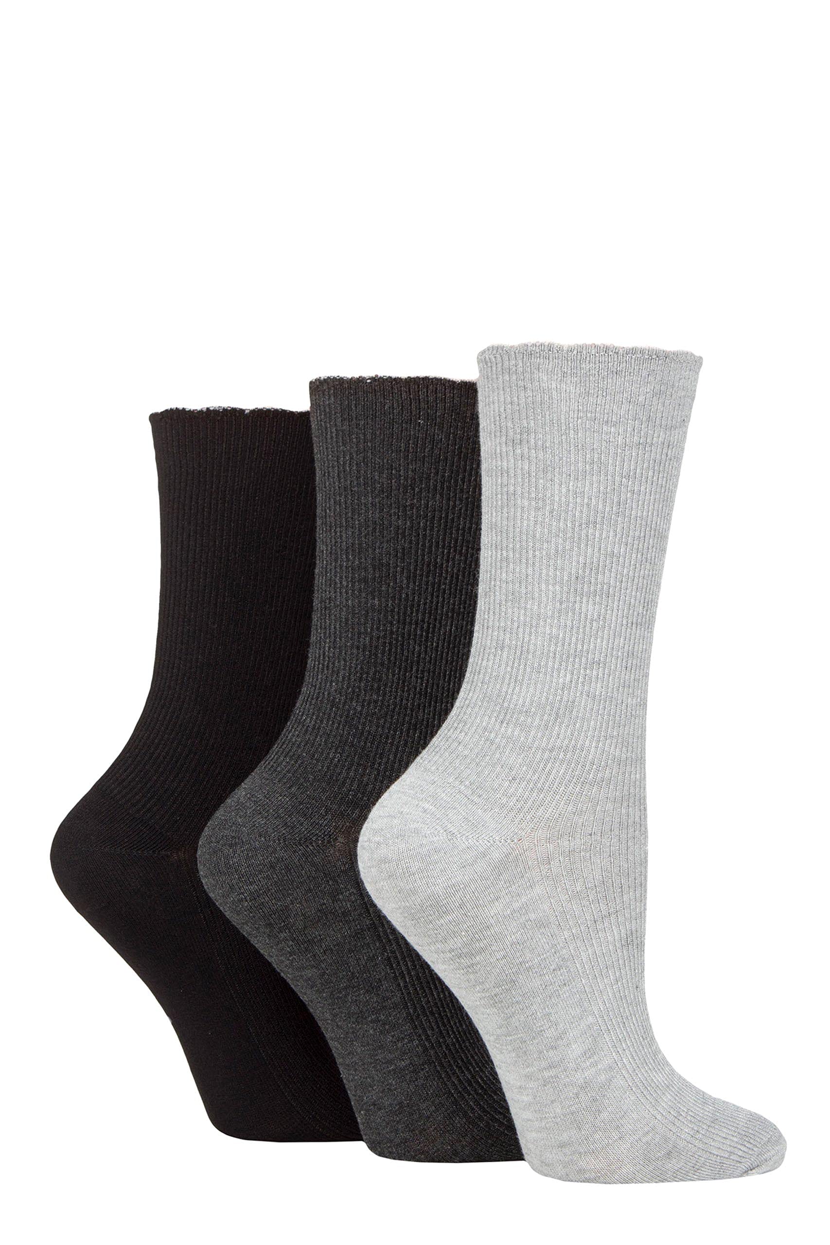 ELLE Ladies Ribbed Bamboo Socks with Scallop Top Pack of 3 Black/Charc/Silver Grey 4-8