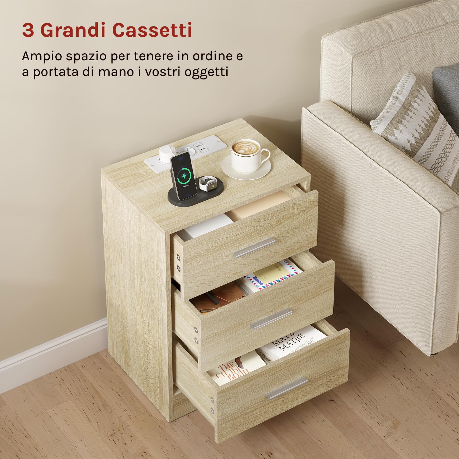 WOLTU Set di 2 Comodini, Comodini con Stazione di Ricarica, con 3 Cassetti, Rovere Chiaro, per Soggiorno Camera da Letto Studio, 39x28.5x54.5cm
