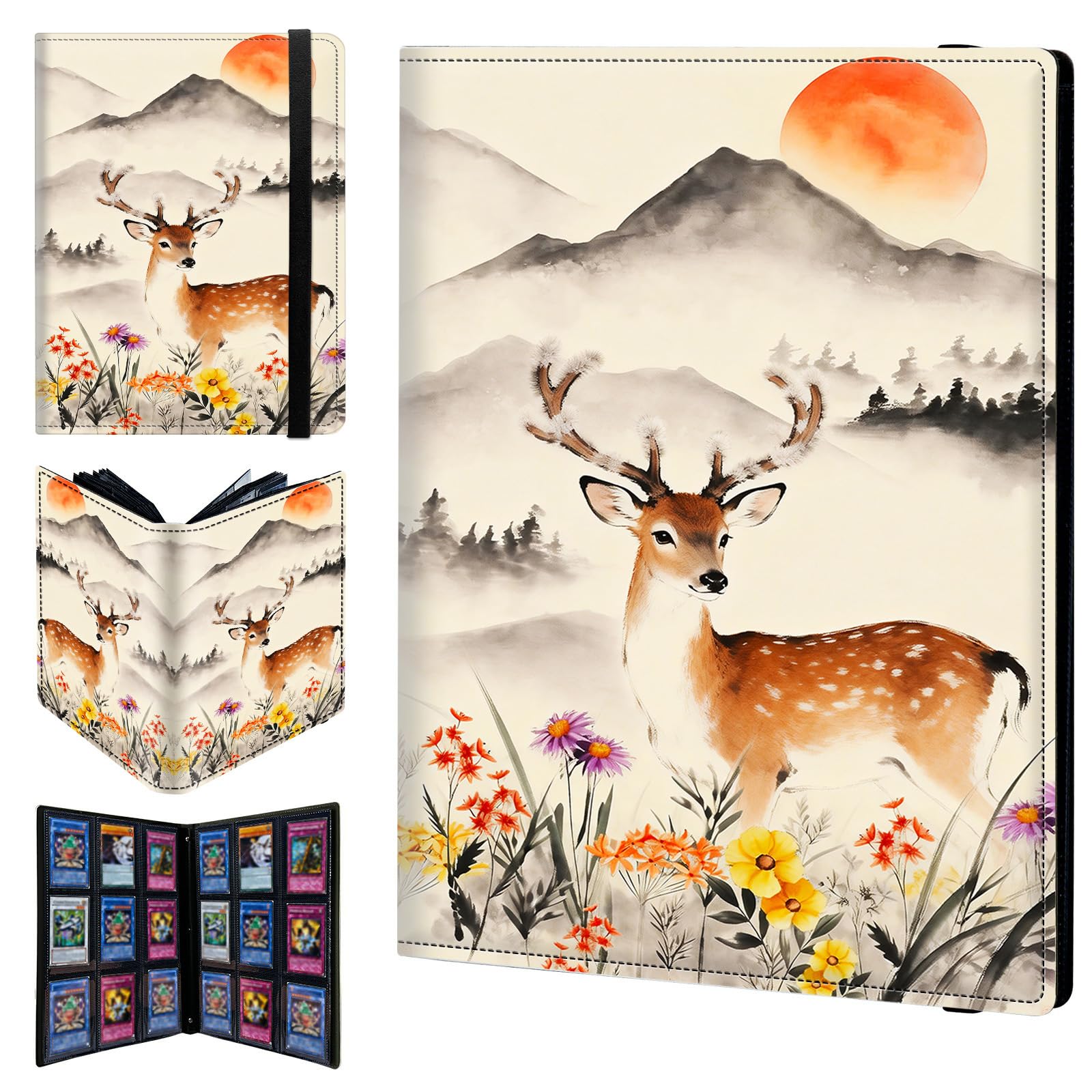 9 Pocket Trading Card Binder 540 Side Loading Pocket Album with Mountain Flowers Deer Pattern Design Card Binder for Sports Cards & Game Cards