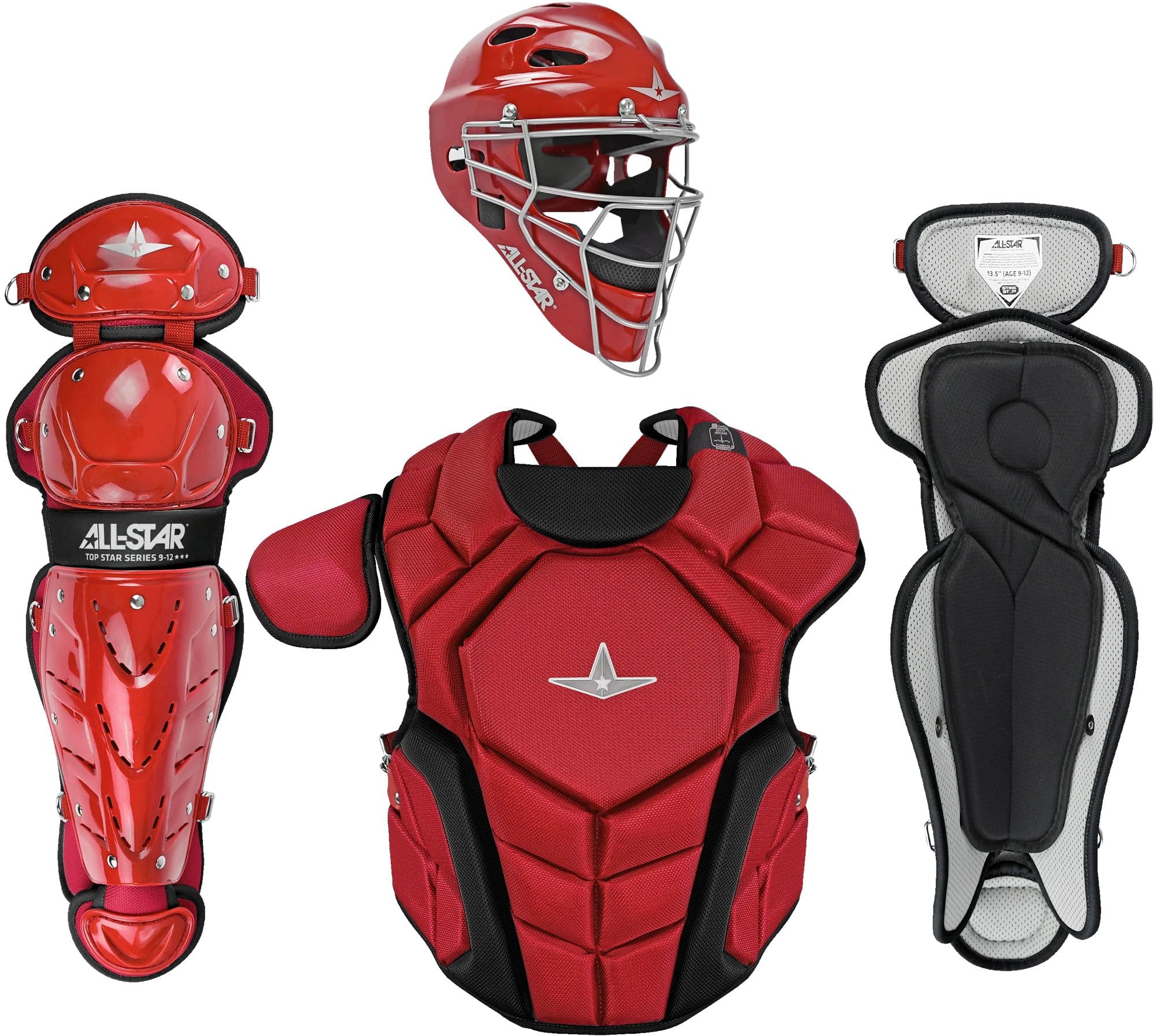 All-Star Top Star Series Baseball Catching Equipment Kit, Meets NOCSAE Standard - Ages 9 to 12, Scarlet/Black