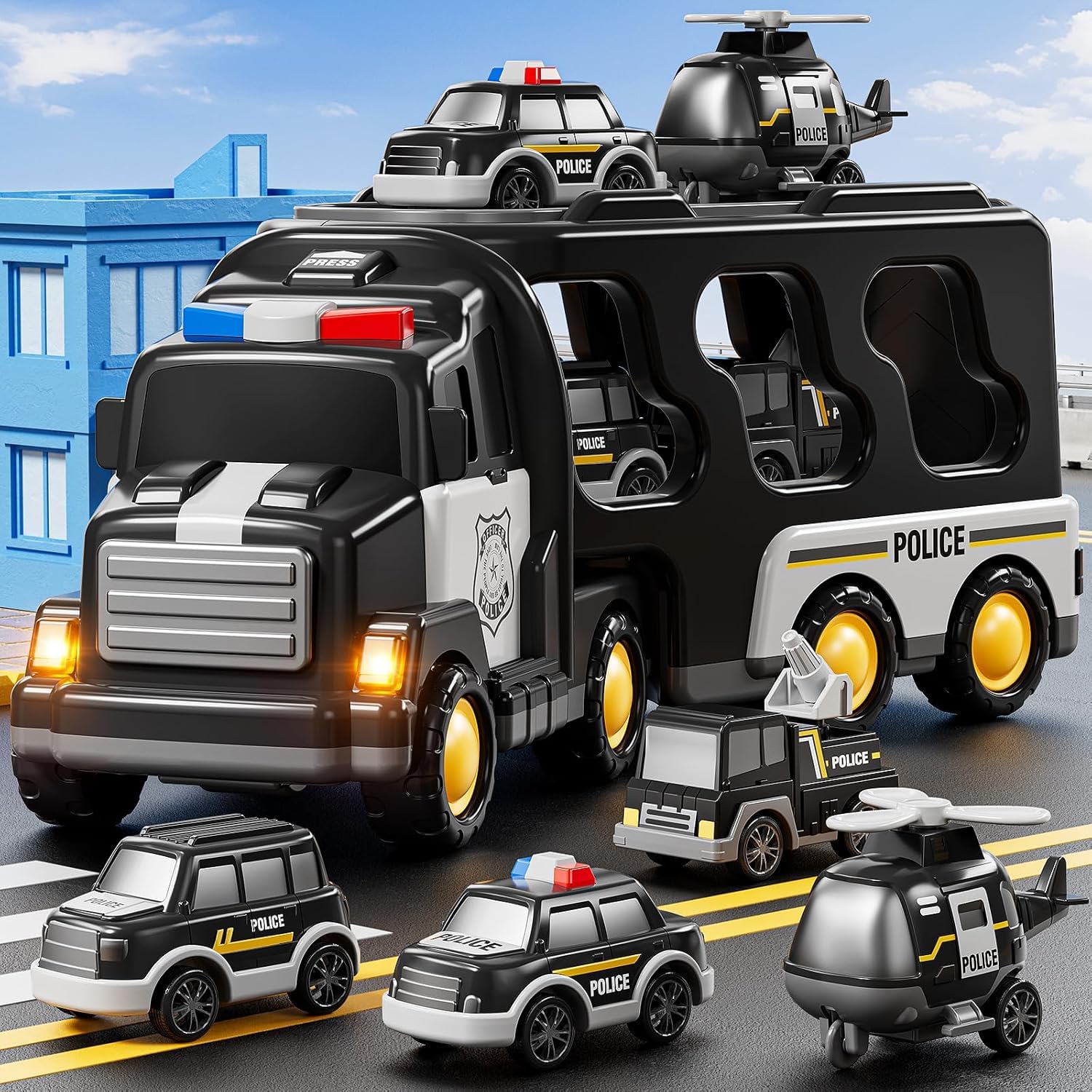 Mini Explorer 5 in 1 Police Trucks Boy Toys for 3-5 Year Old Toddlers - Toys for 3 4 5 6 7 Years Old Transport Vehicle Carrier Truck Sets Kids Boys & Girls 4
