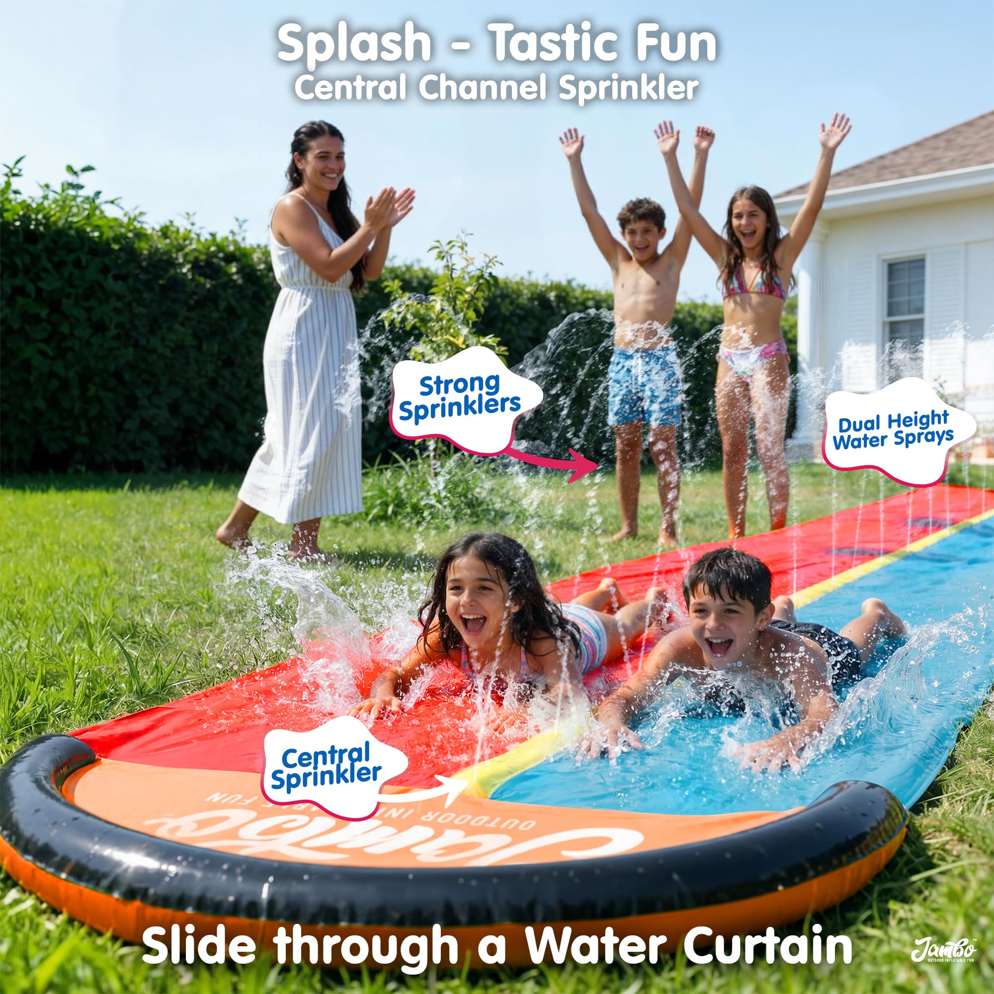 JAMBO Aufblasbare Wasserrutsche mit Sprinkler 549 cm, Wasserrutsche Garten für Kinder, Wasserspielzeug Outdoor